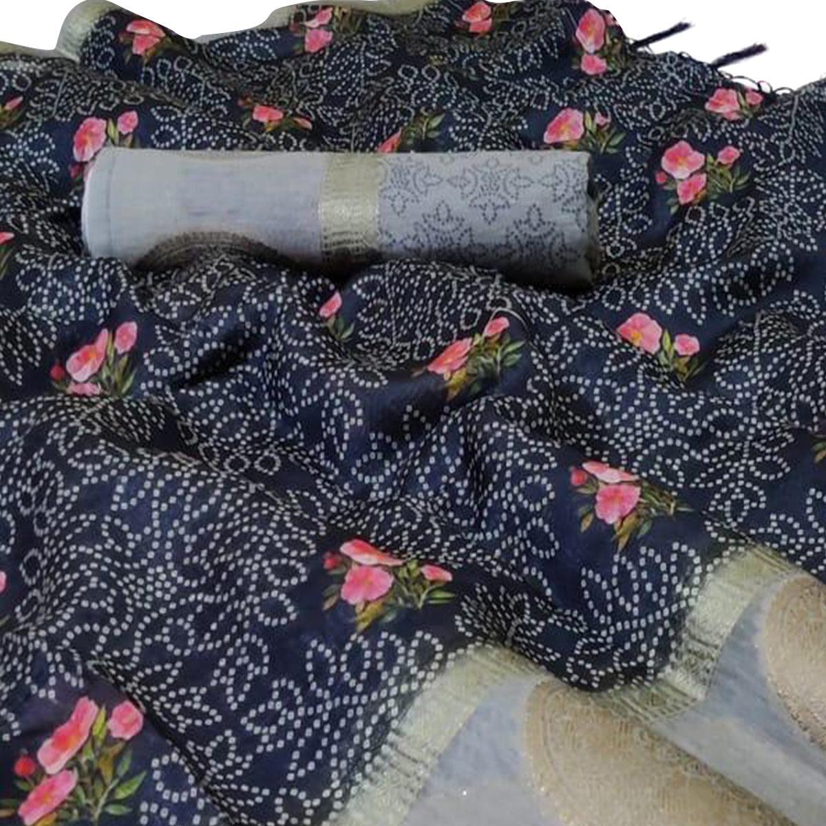 Engrossing Navy Blue Colored Festive Wear Woven Silk Saree - Peachmode