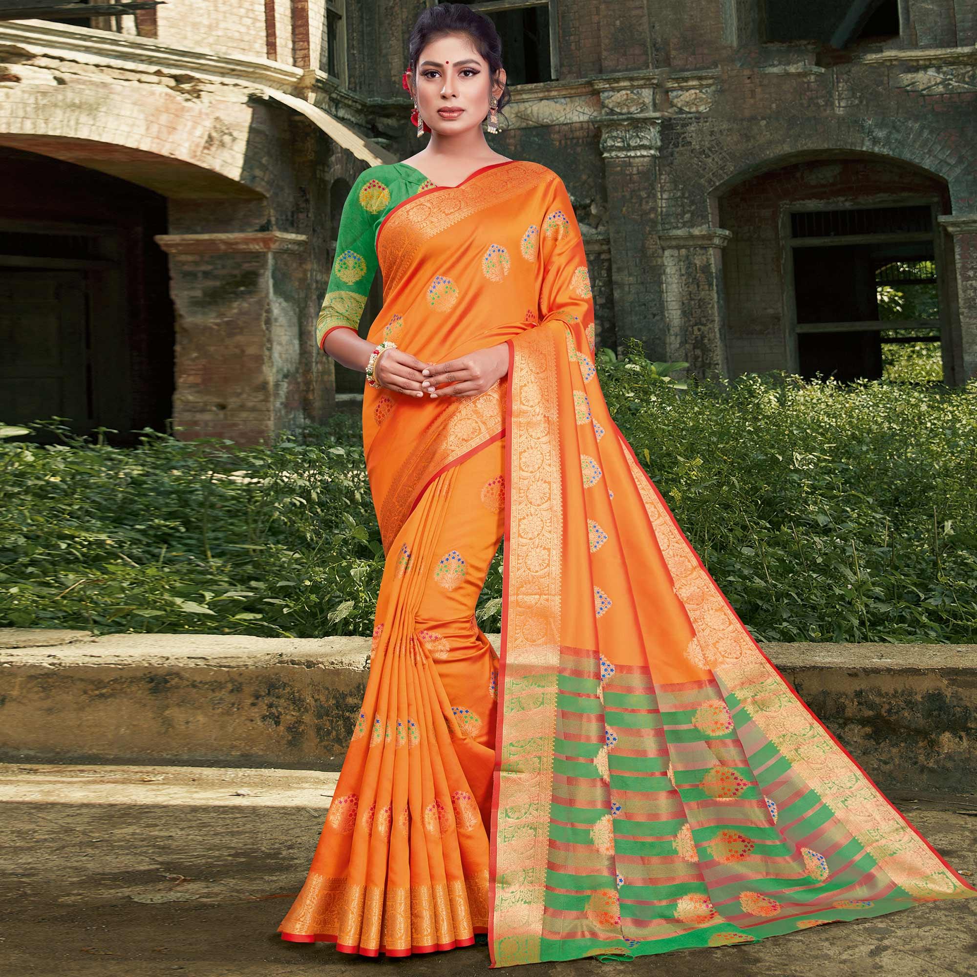 Engrossing Orange Colored Festive Wear Woven Silk Saree - Peachmode