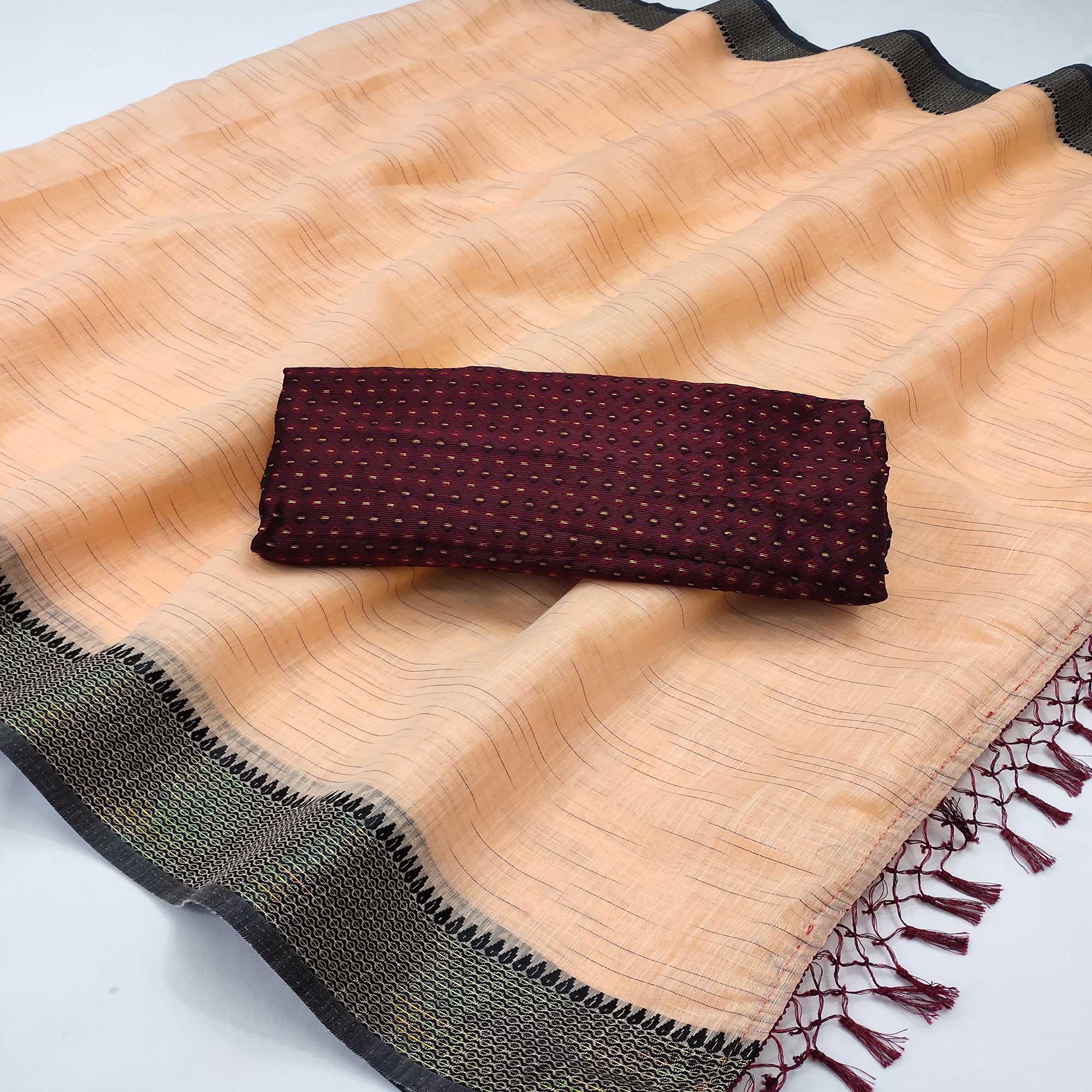 Engrossing Orange Colored lining Pattern Casual Wear Cotton Saree - Peachmode