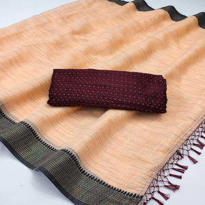 Engrossing Orange Colored lining Pattern Casual Wear Cotton Saree - Peachmode