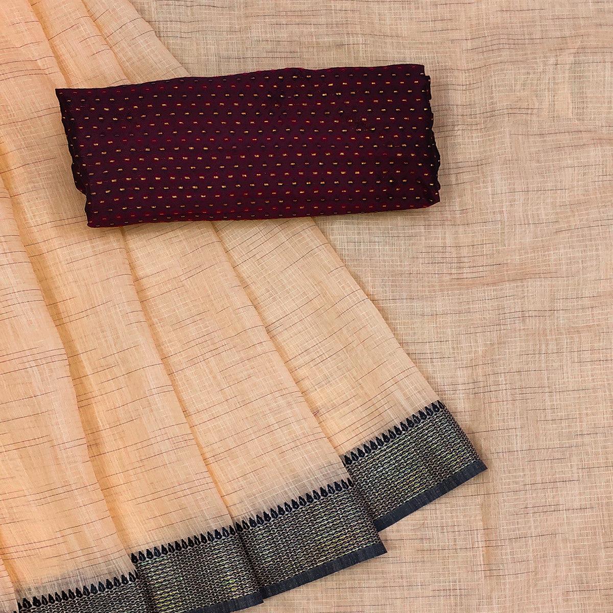 Engrossing Orange Colored lining Pattern Casual Wear Cotton Saree - Peachmode