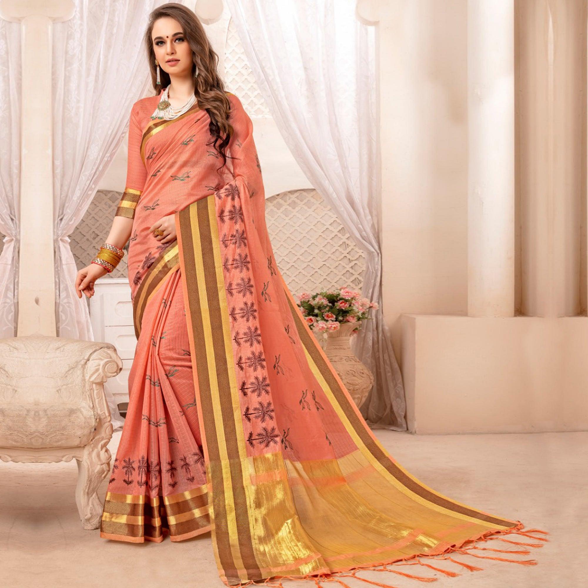Engrossing Peach Colored Festive Printed Art Silk Saree - Peachmode