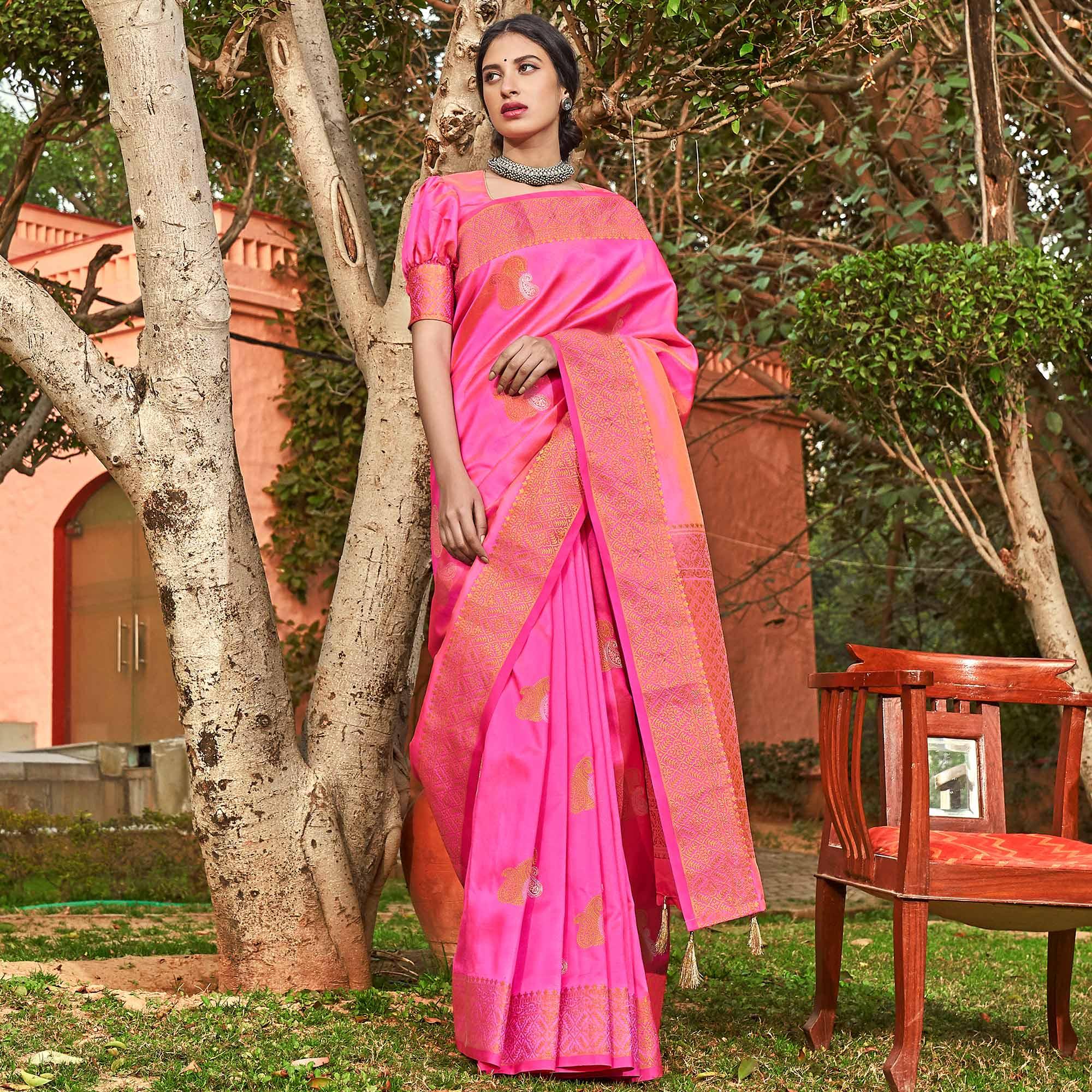 Engrossing Pink Colored Festive Wear Woven Soft Silk Saree - Peachmode
