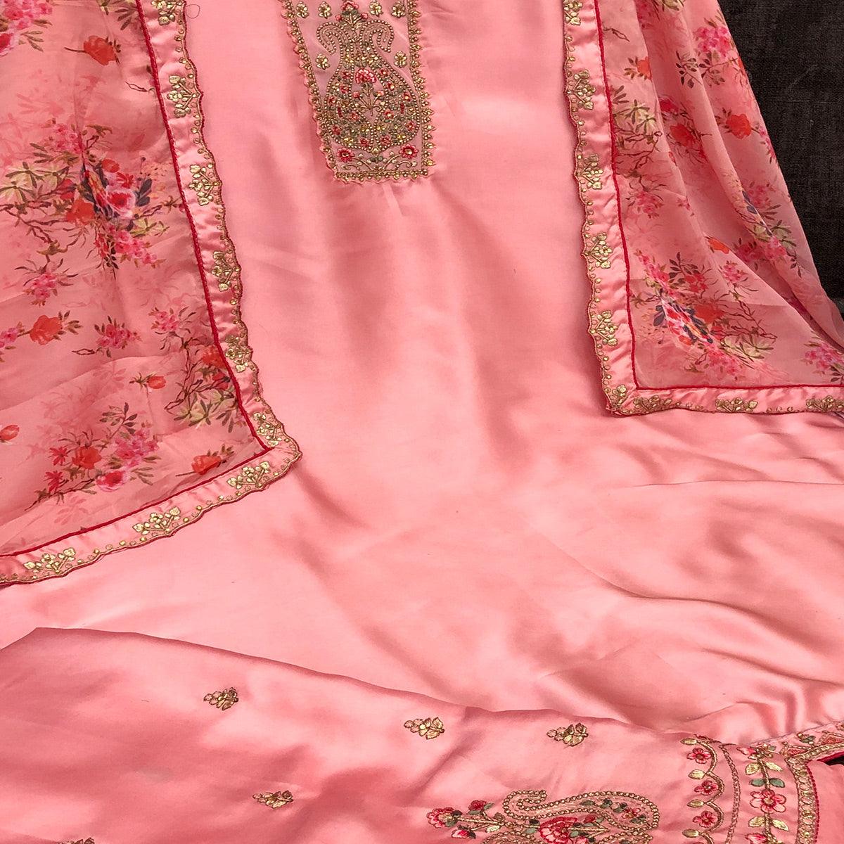 Engrossing Pink Colored Partywear Embroidered Muslin Satin Gharara Suit With Palazzo - Peachmode