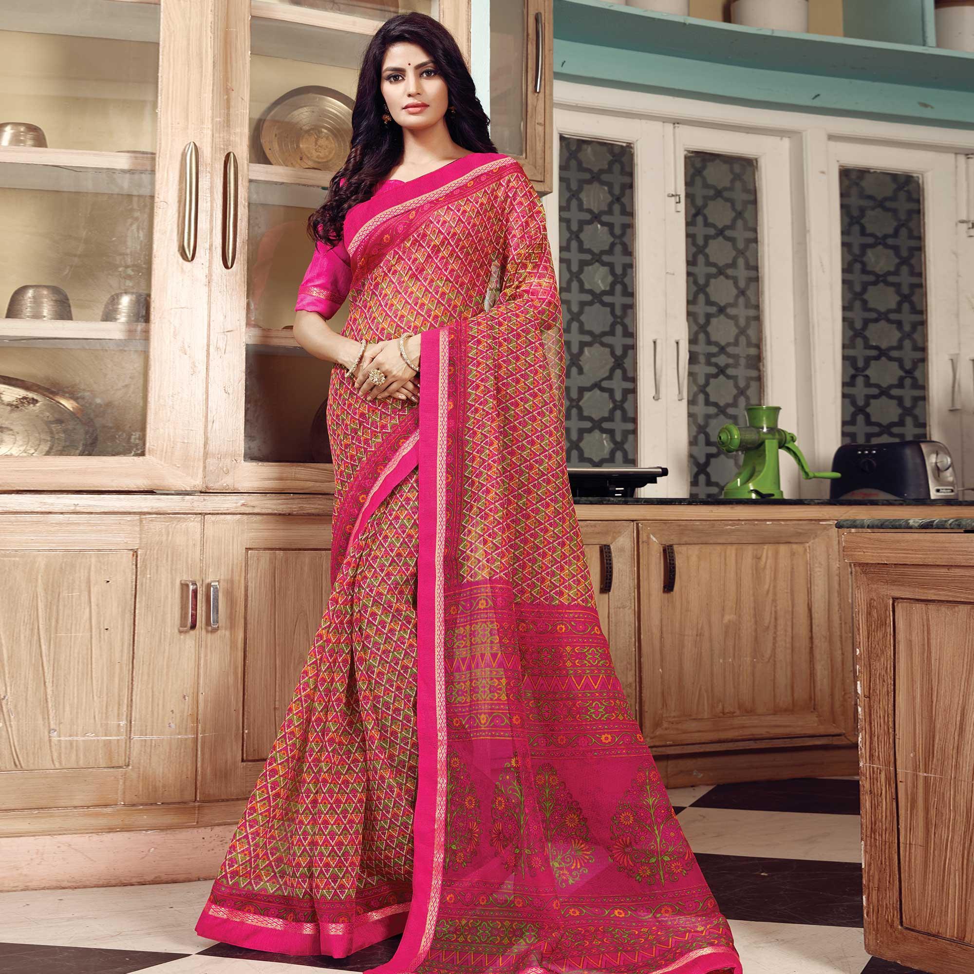 Engrossing Pink Colored Partywear Printed Silk Saree - Peachmode