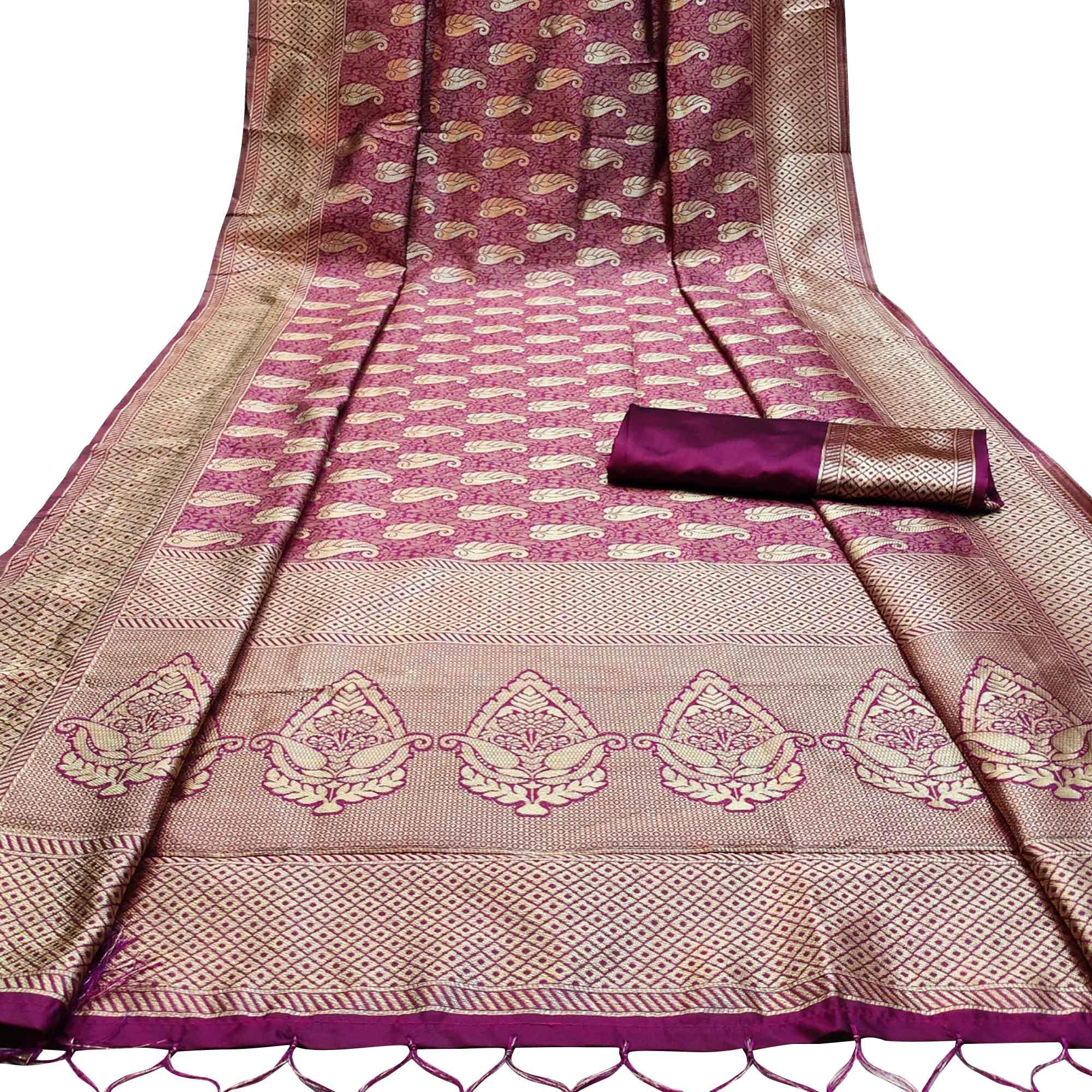 Engrossing Purple Colored Festive Wear Woven Banarasi Silk Saree With Tassels - Peachmode