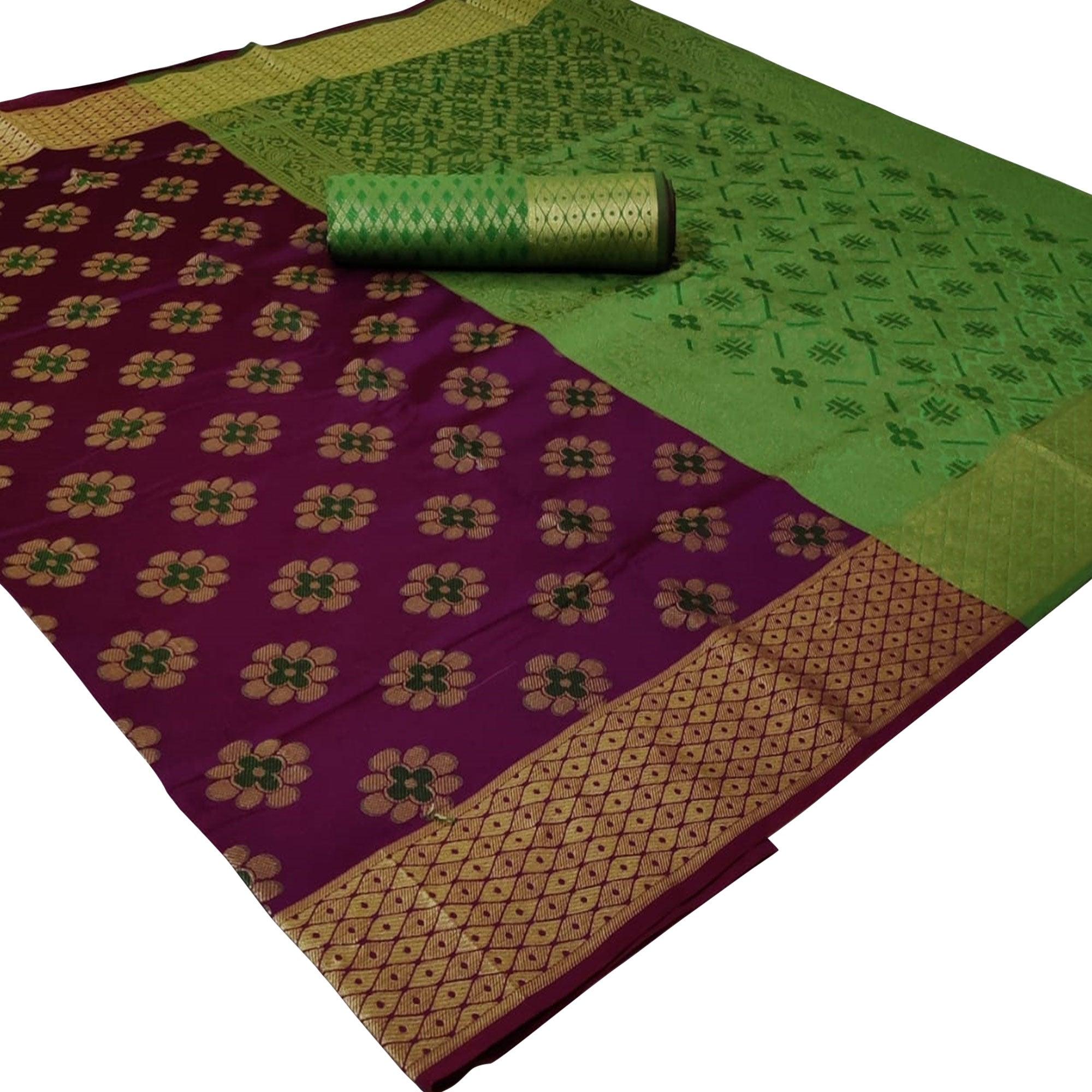 Engrossing Purple Colored Festive Wear Woven Silk Saree - Peachmode