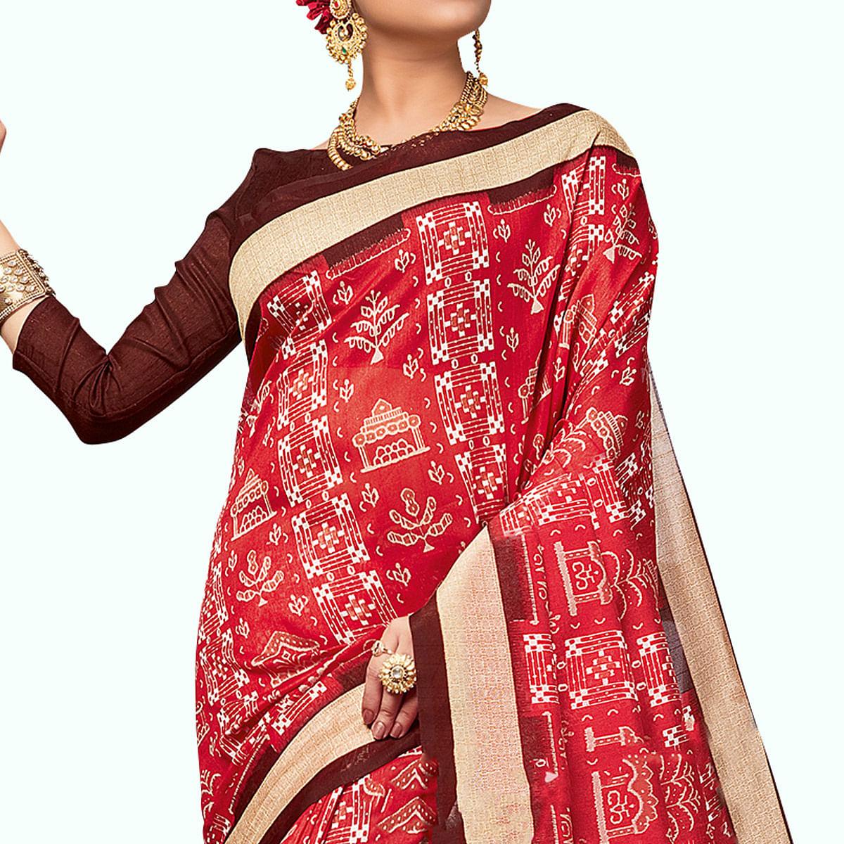 Engrossing Red Colored Casual Wear Printed Art Silk Saree - Peachmode