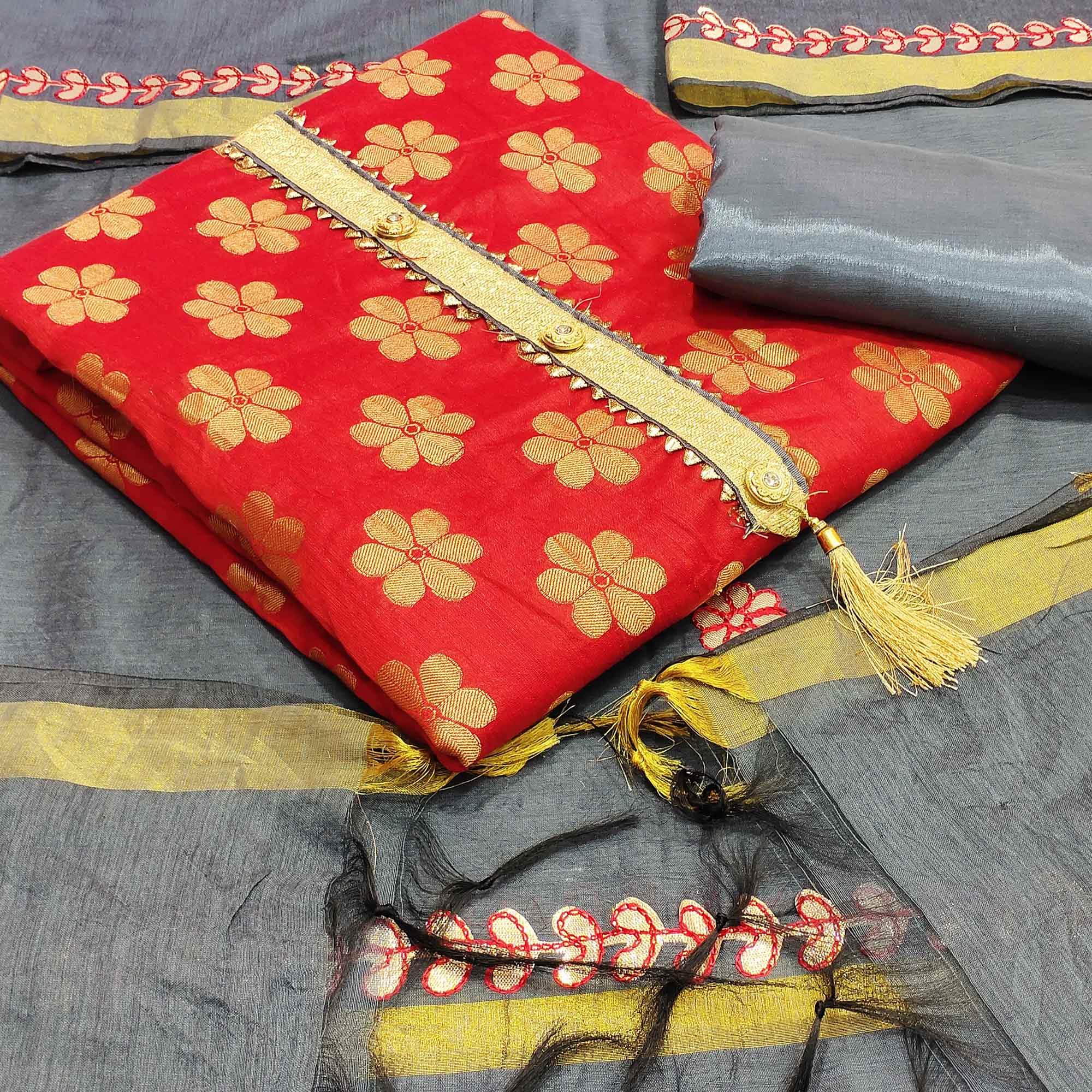 Engrossing Red Colored Festive Wear Woven Banarasi Silk Dress Material - Peachmode