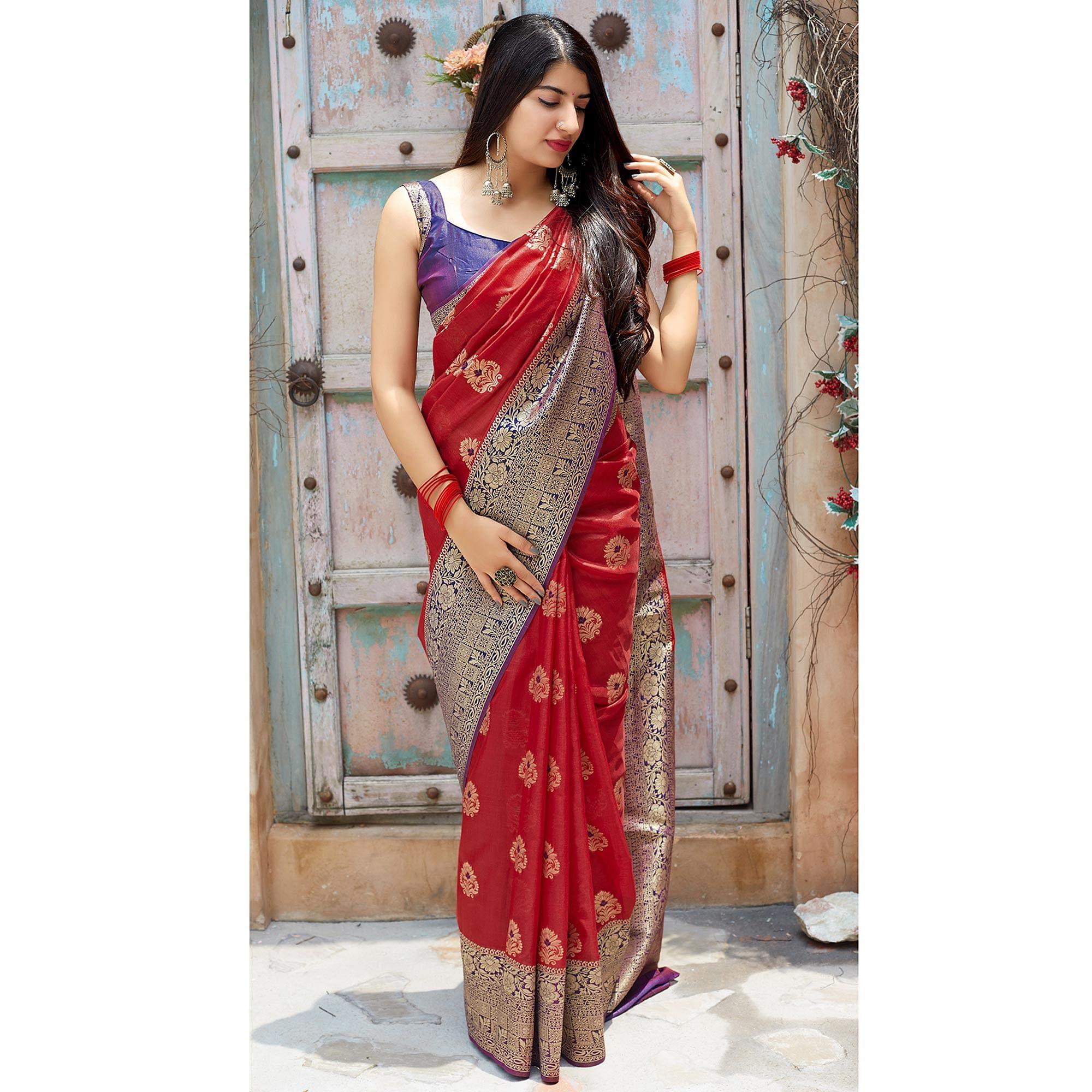 Engrossing Red Colored Festive Wear Woven Banarasi Silk Saree - Peachmode