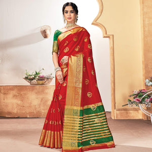 Engrossing Red Colored Festive Wear Woven Silk Saree - Peachmode