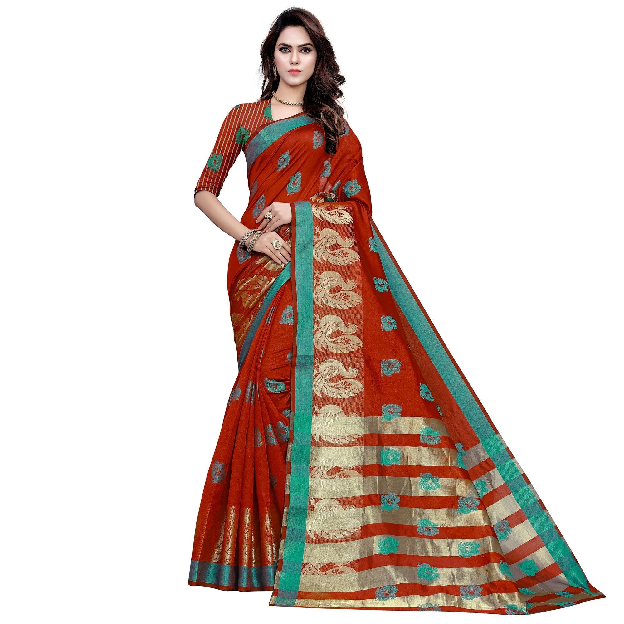 Engrossing Red Colored Festive Wear Woven Work Art Silk Saree - Peachmode