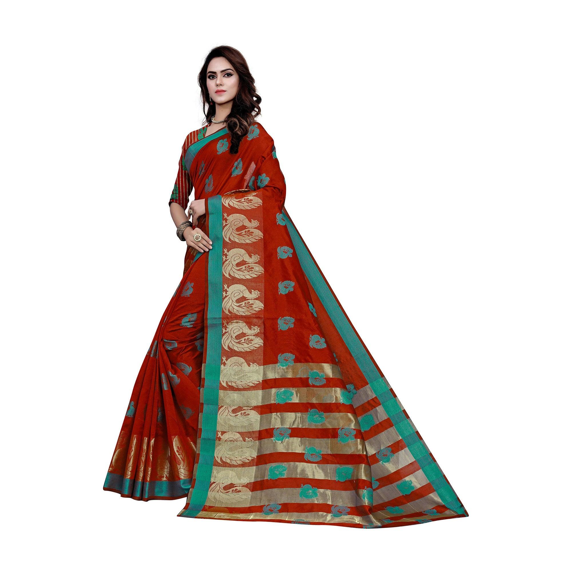 Engrossing Red Colored Festive Wear Woven Work Art Silk Saree - Peachmode