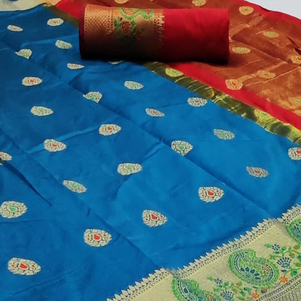 Engrossing Royal Blue Colored Festive Wear Woven Soft Silk Saree - Peachmode