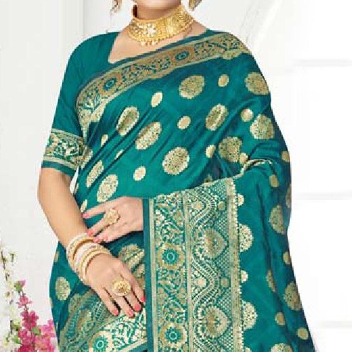 Engrossing Turquoise Green Colored Festive Wear Woven Art Silk Saree - Peachmode