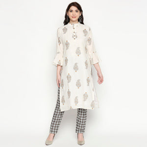 Engrossing White Colored Casual Wear Printed Cotton Kurti-Pant Set - Peachmode