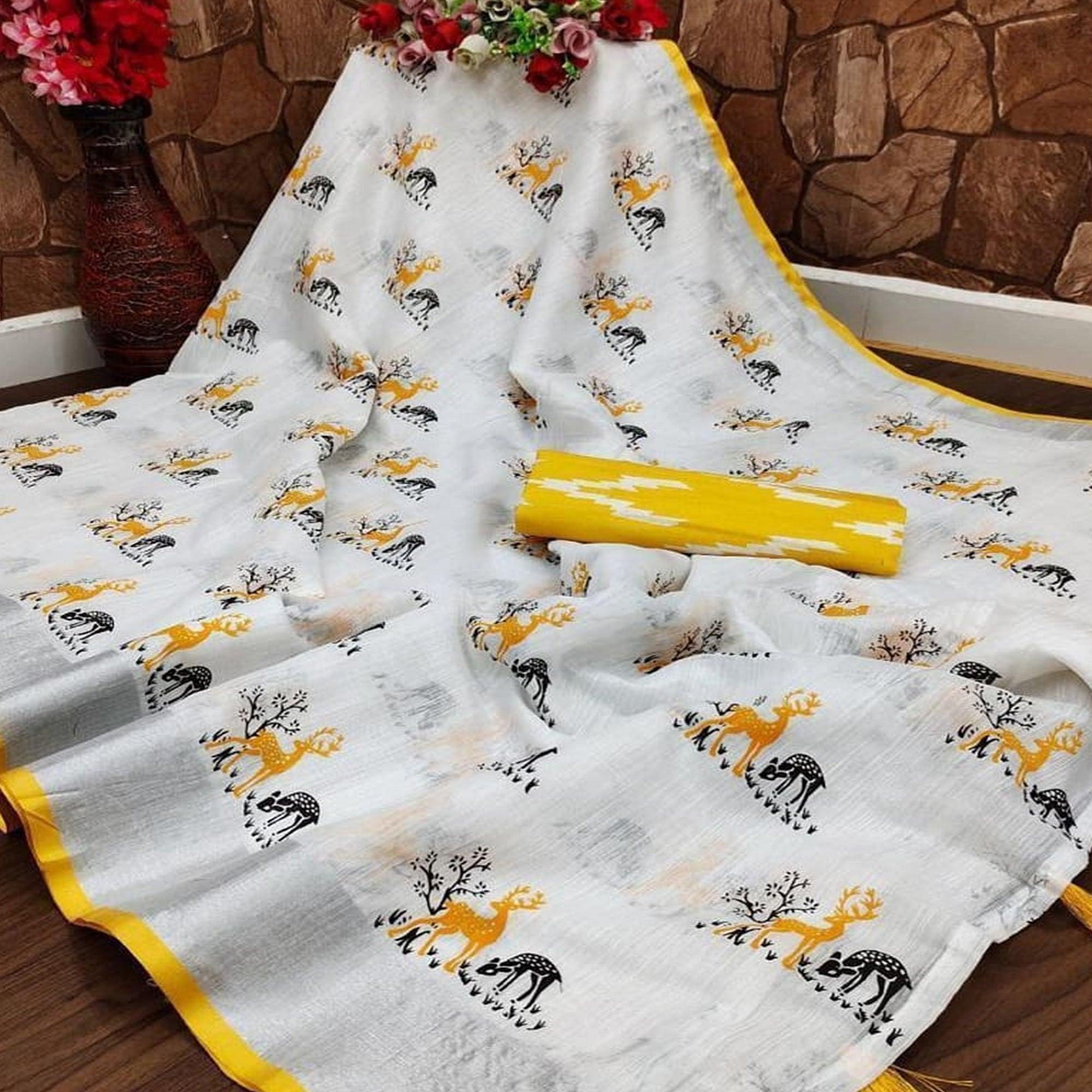 Engrossing White - Yellow Colored Casual Wear Digital Printed Linen Saree - Peachmode