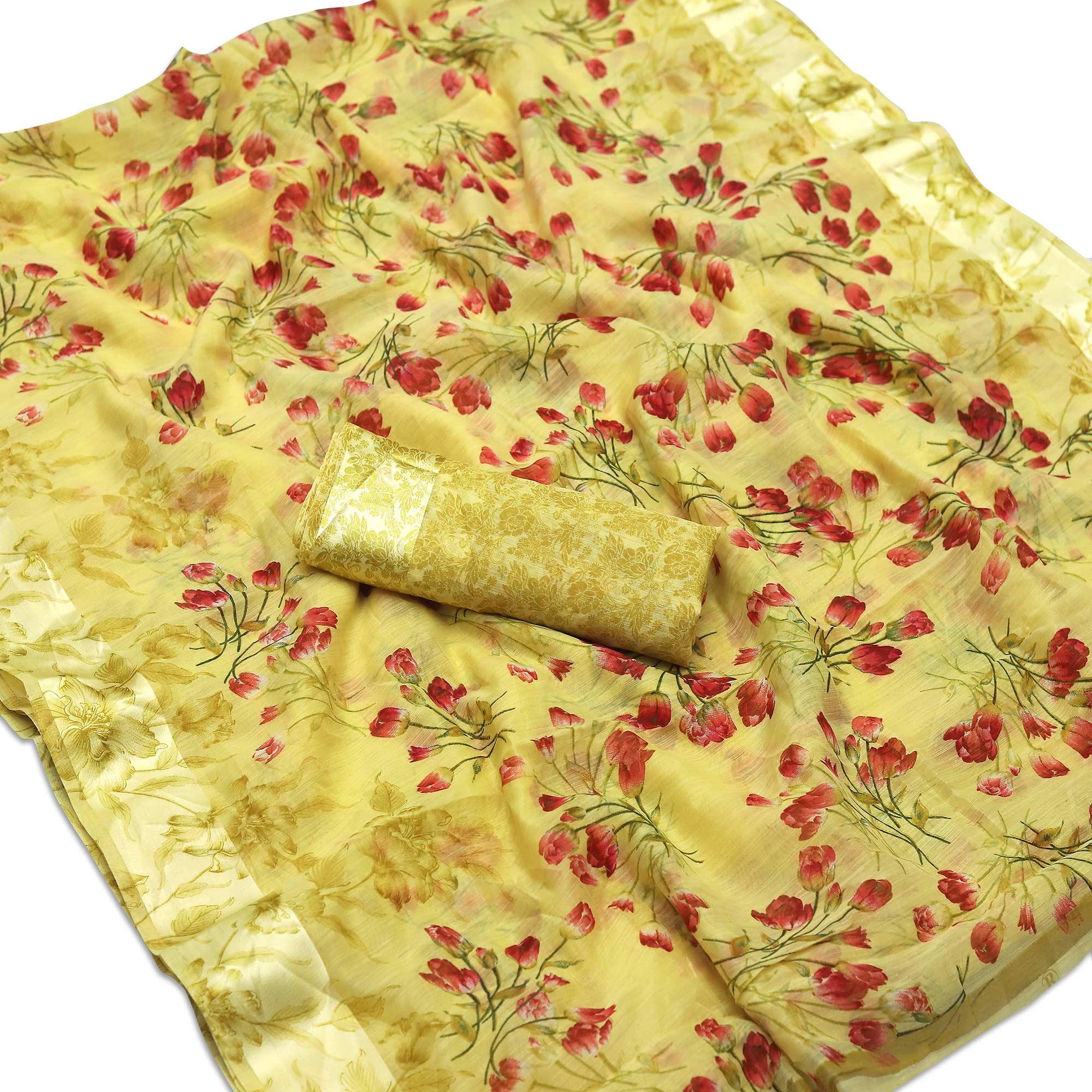 Engrossing Yellow Colored Casual Wear Floral Printed Cotton Blend Saree - Peachmode