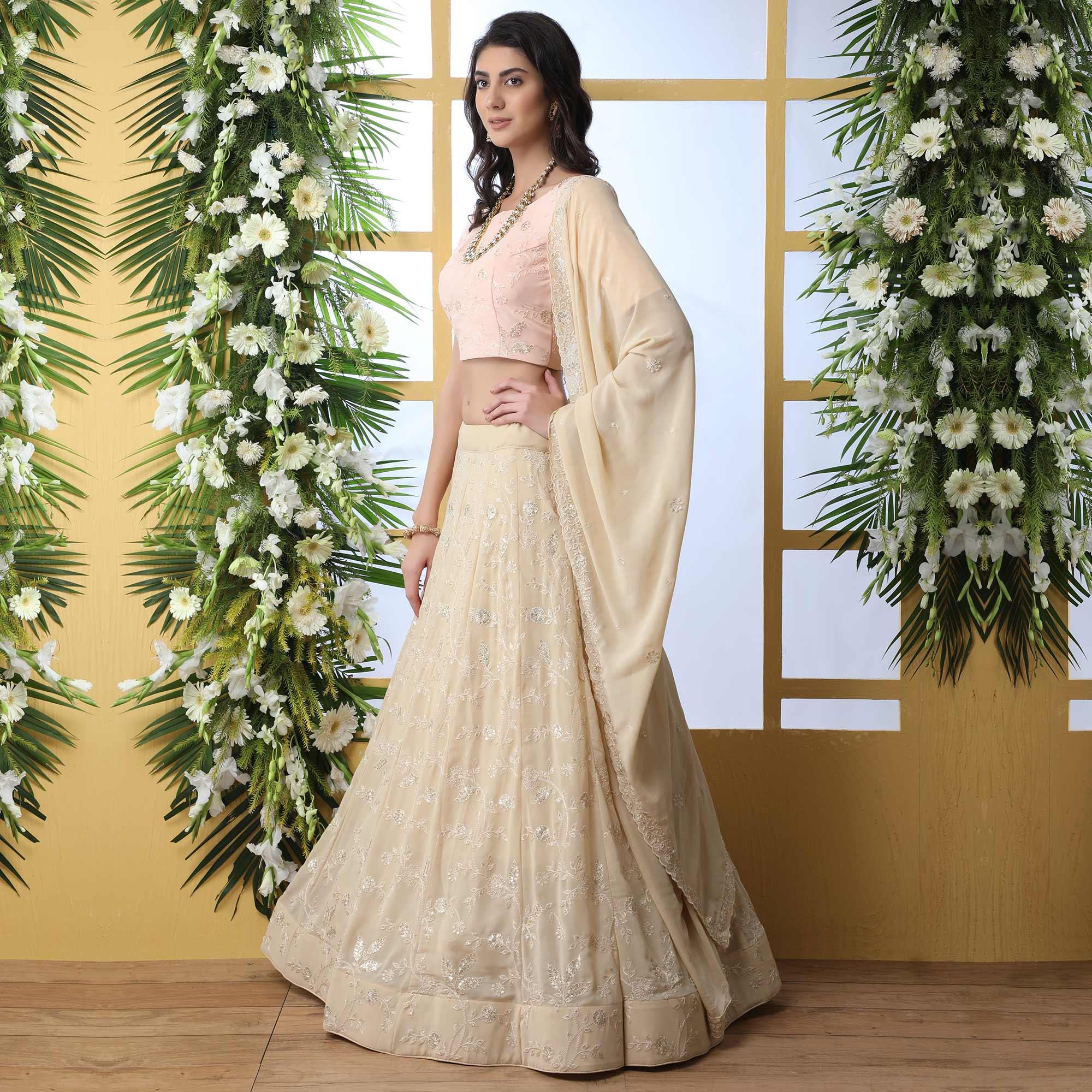 Entrancing Beige Colored Party Wear Embroidered Georgette Legenga Choli - Peachmode
