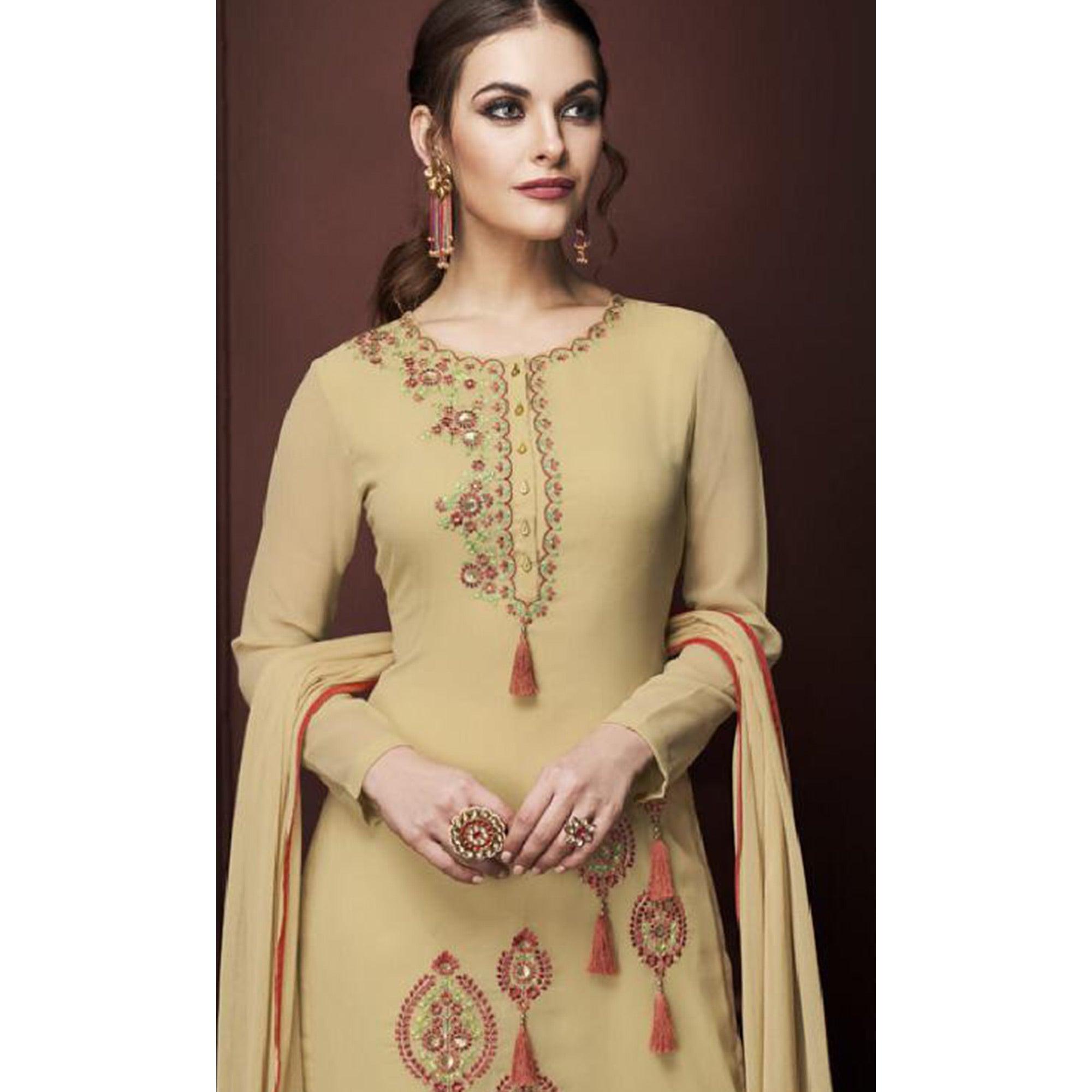 Entrancing Beige Colored Partywear Embroidered Georgette Suit - Peachmode