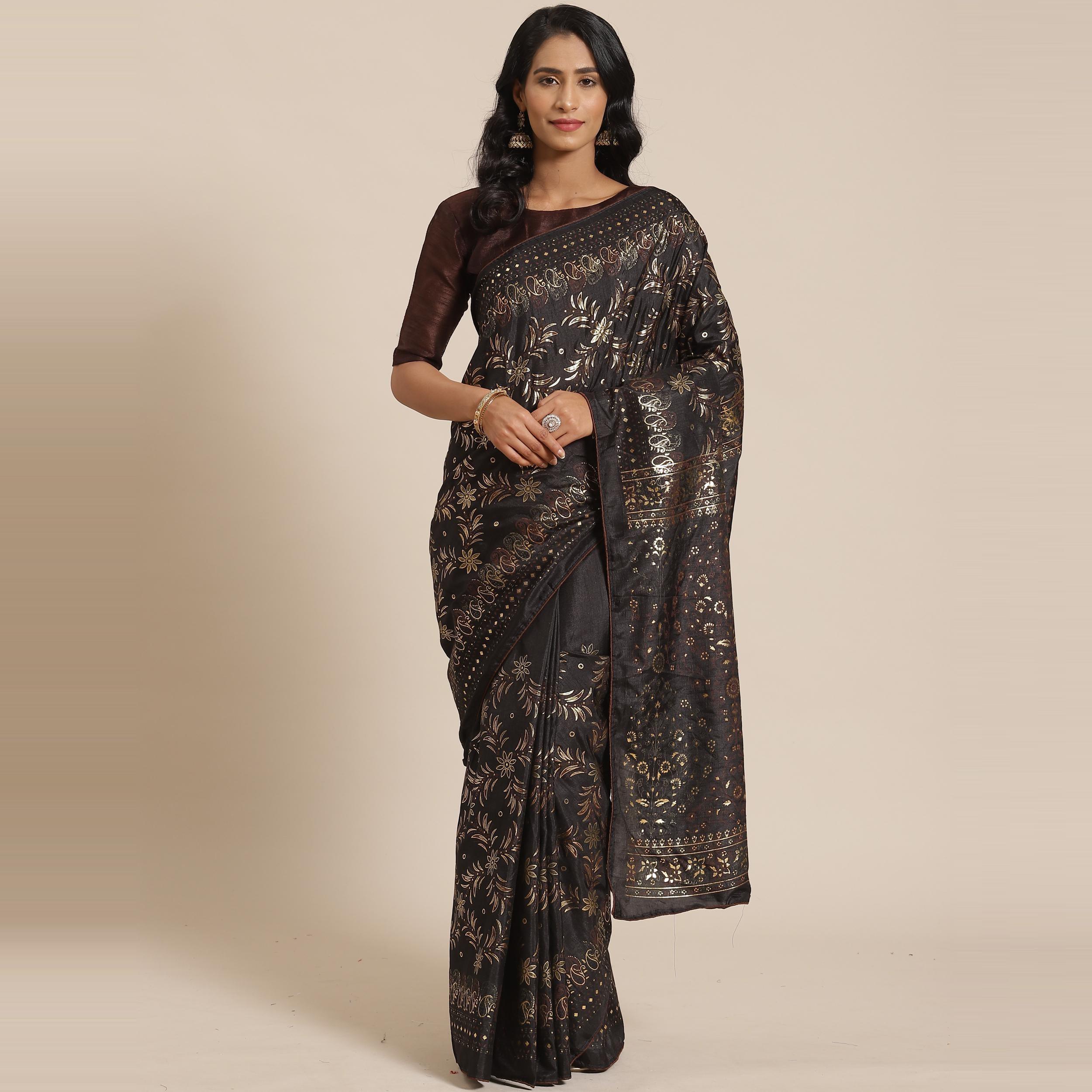 Entrancing Black Colored Casual Wear Printed Silk Blend Saree - Peachmode