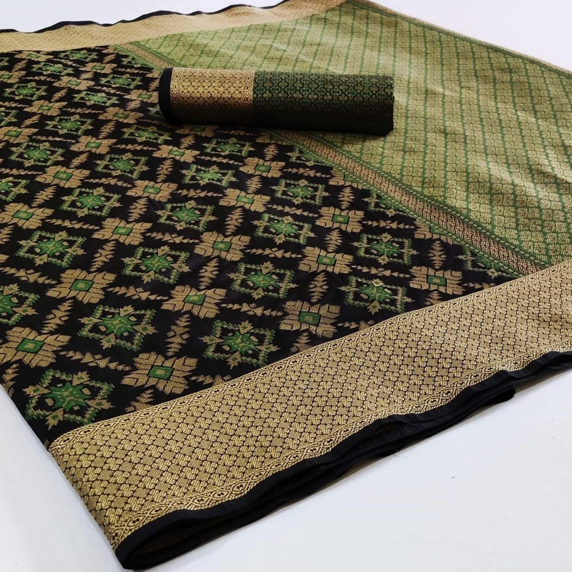 Entrancing Black Colored Festive Wear Woven Silk Saree - Peachmode