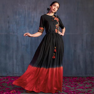 Entrancing Black-Red Colored Partywear Embroidered Viscose Gown - Peachmode