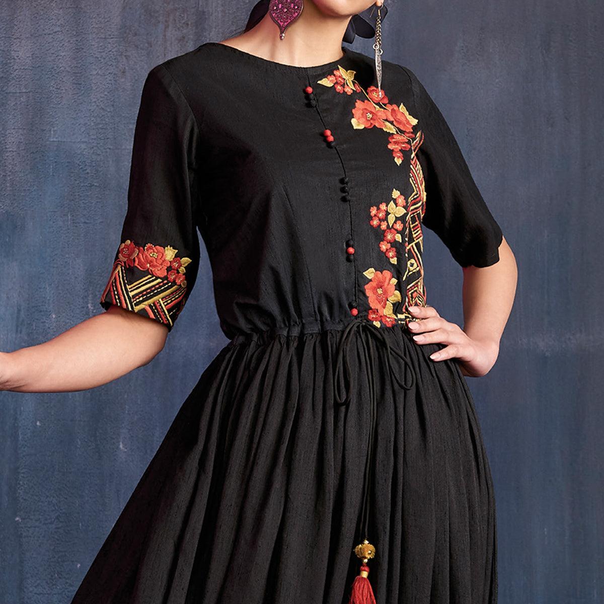 Entrancing Black-Red Colored Partywear Embroidered Viscose Gown - Peachmode