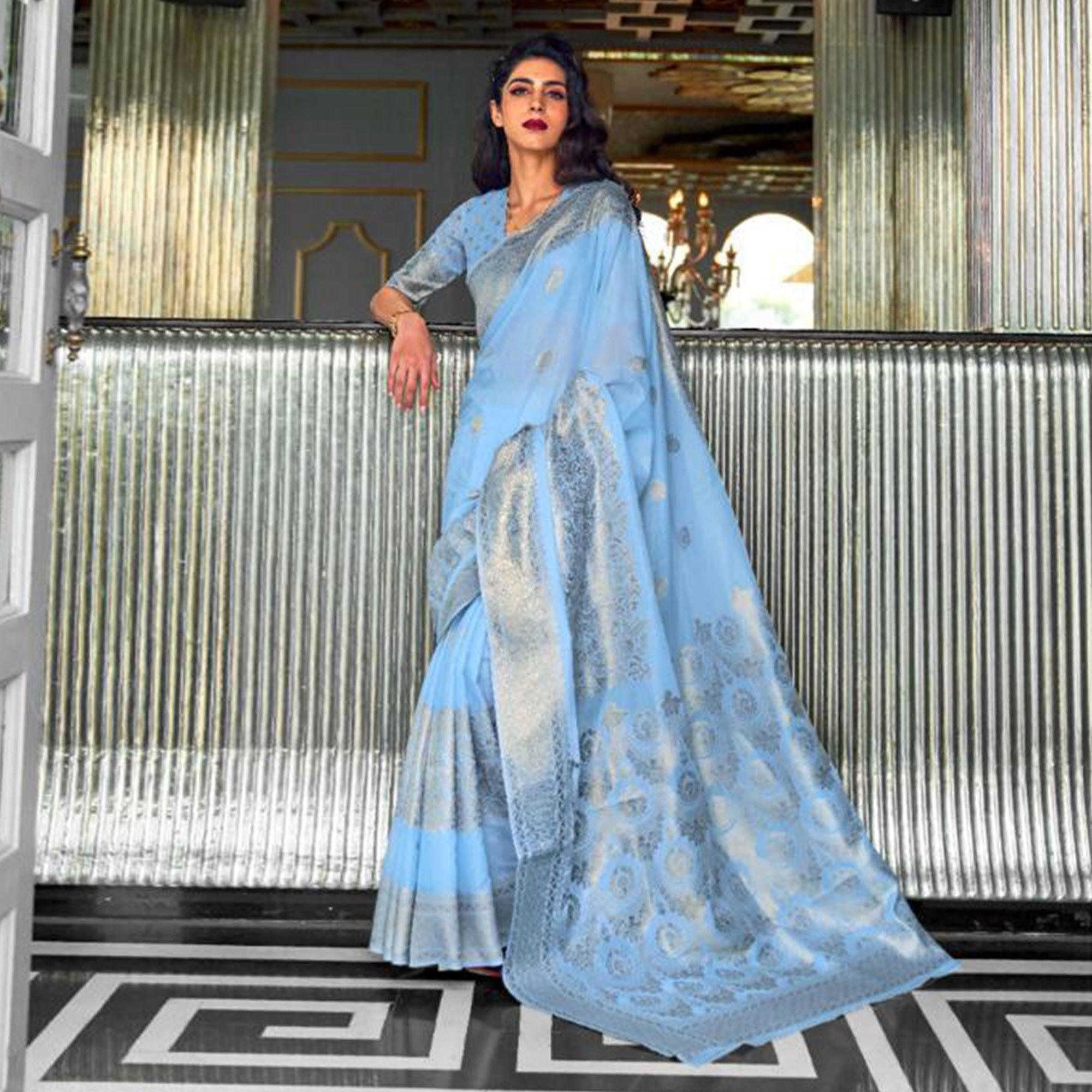 Entrancing Blue Coloured Partywear Pure Modal Woven Silk Saree - Peachmode