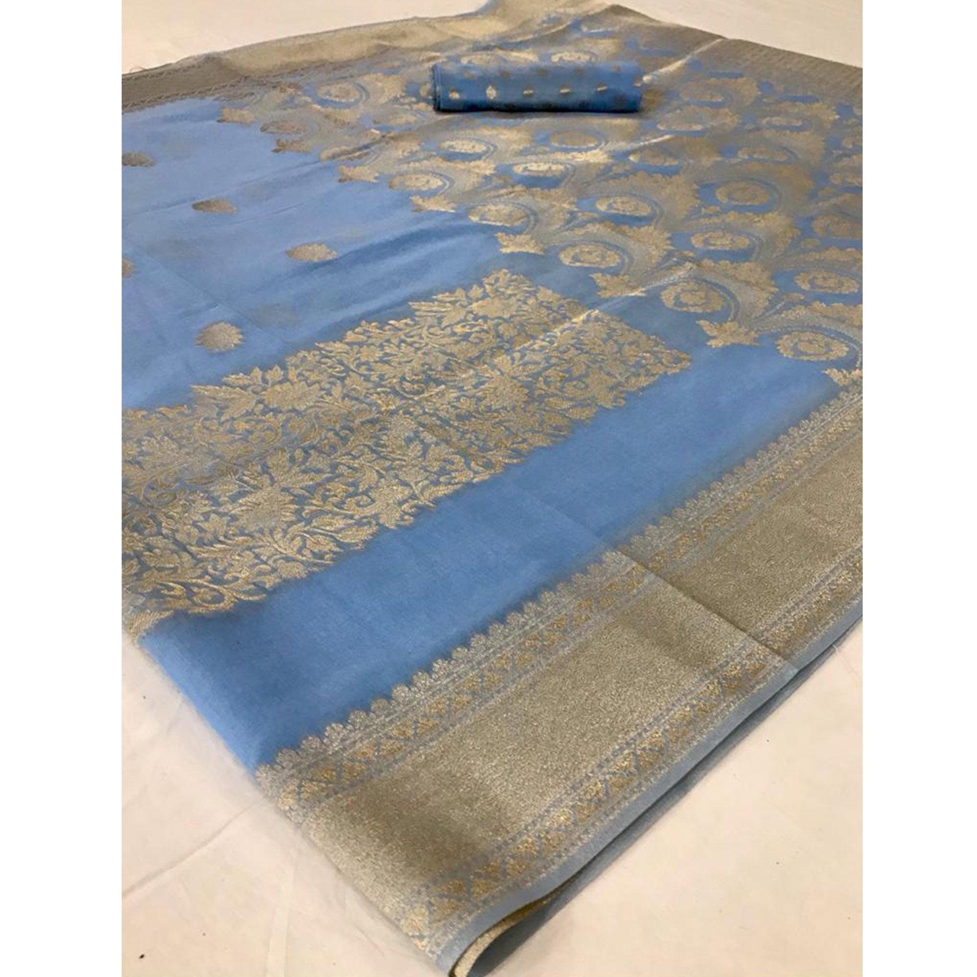 Entrancing Blue Coloured Partywear Pure Modal Woven Silk Saree - Peachmode