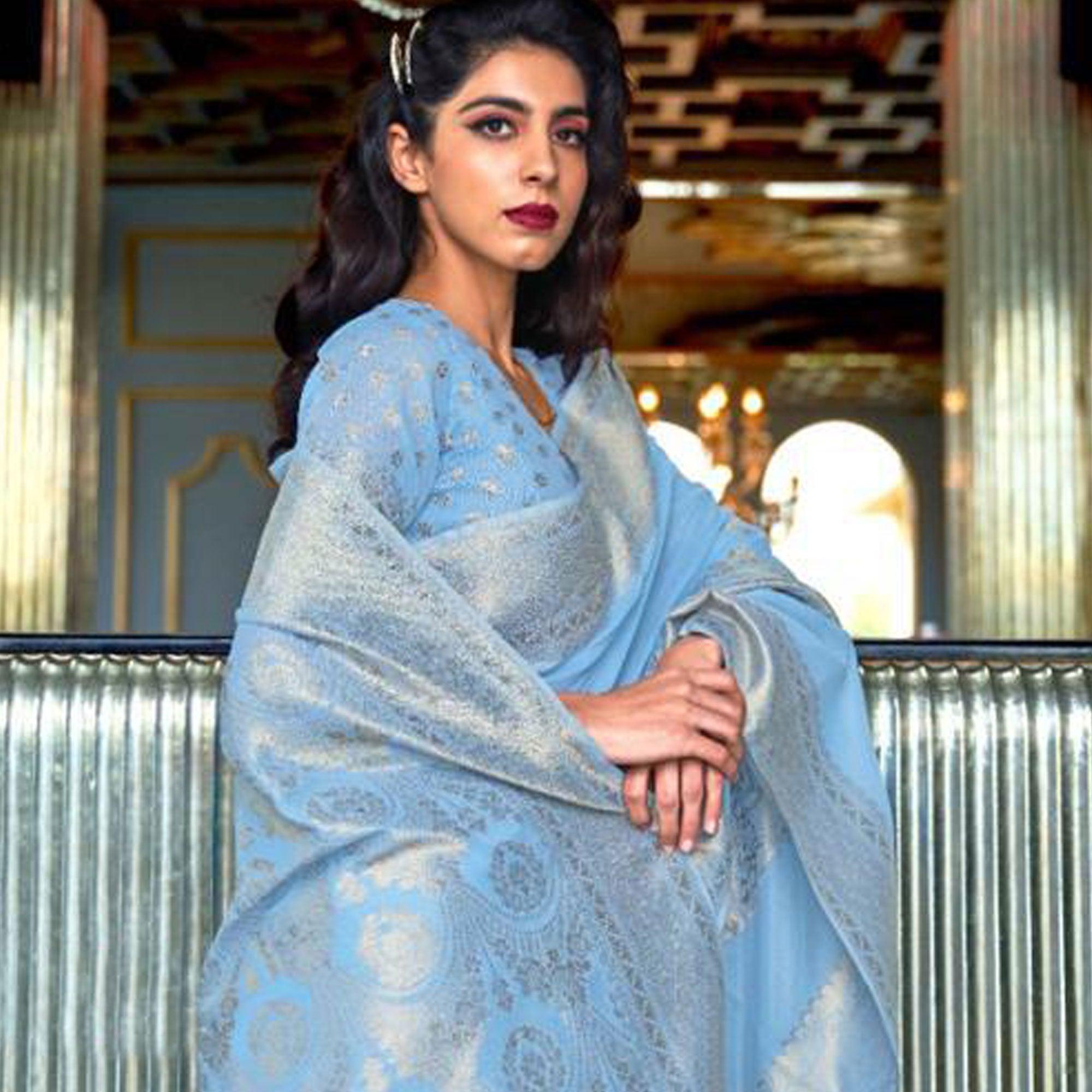 Entrancing Blue Coloured Partywear Pure Modal Woven Silk Saree - Peachmode