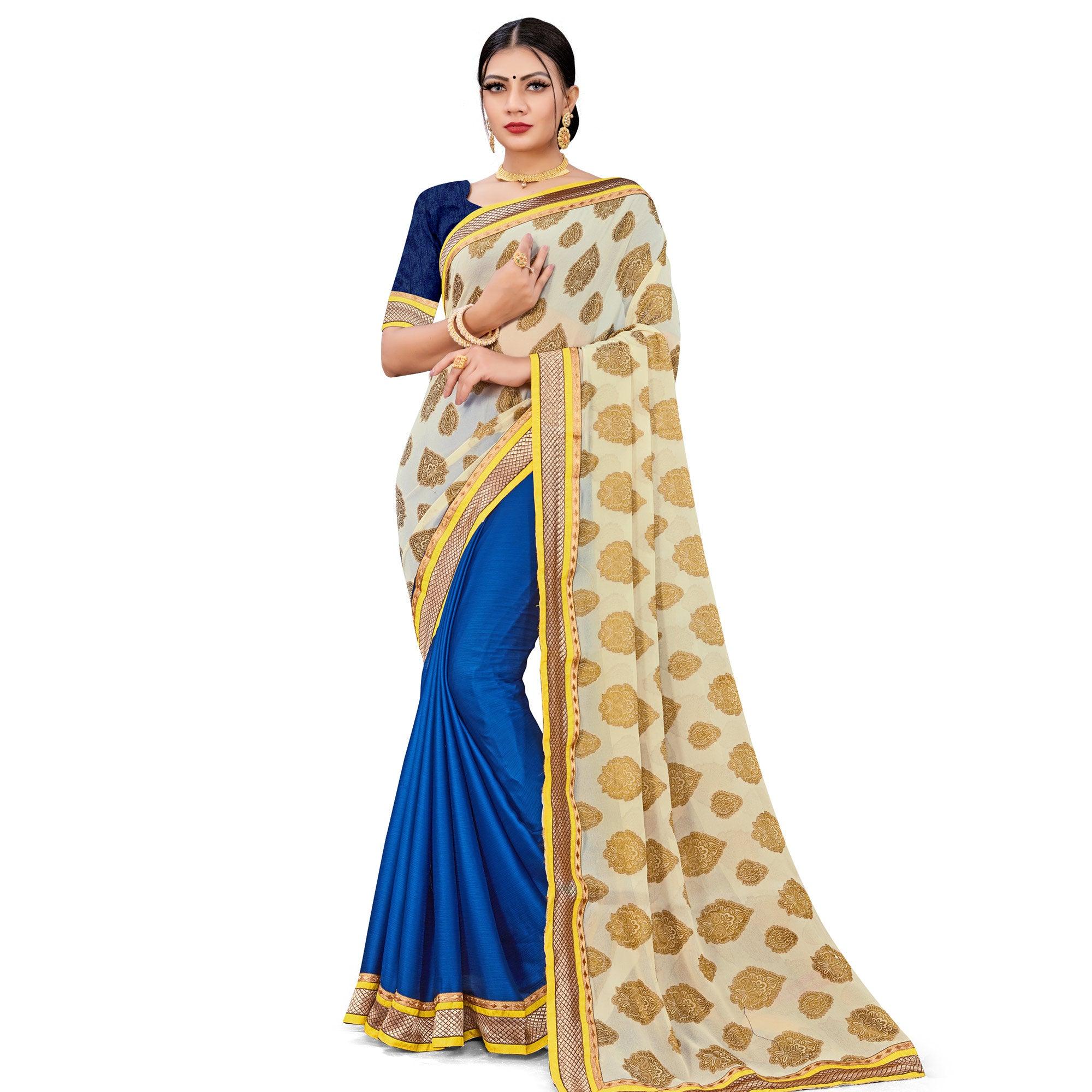 Entrancing Blue-Cream Colored party Wear Georgette Half-Half Saree - Peachmode