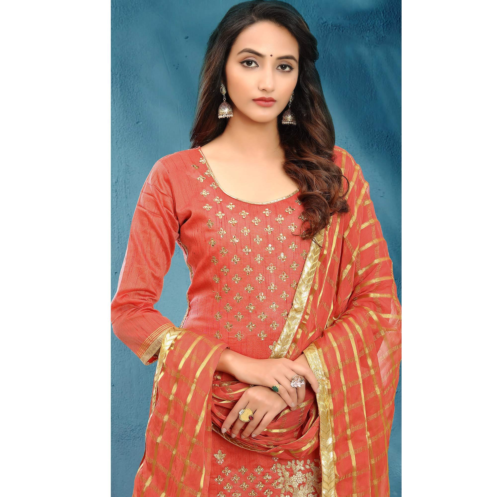 Entrancing Gajri Colored Casual Wear Embroidered Silk Dress Material With Banarasi Silk Dupatta - Peachmode