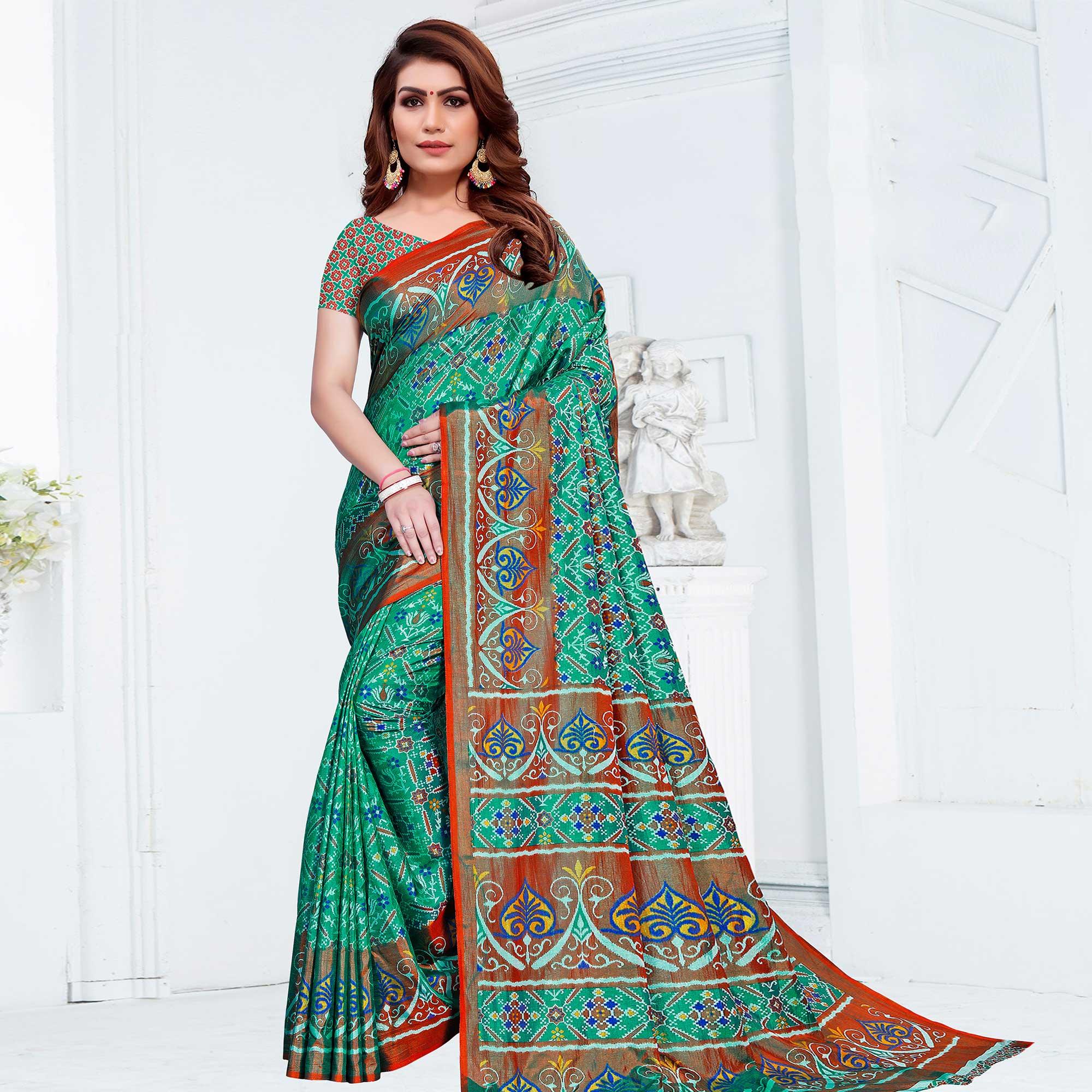 Entrancing Green Colored Casual Printed Patola Printed Art Silk Saree - Peachmode