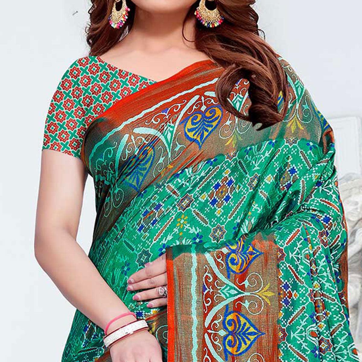 Entrancing Green Colored Casual Printed Patola Printed Art Silk Saree - Peachmode