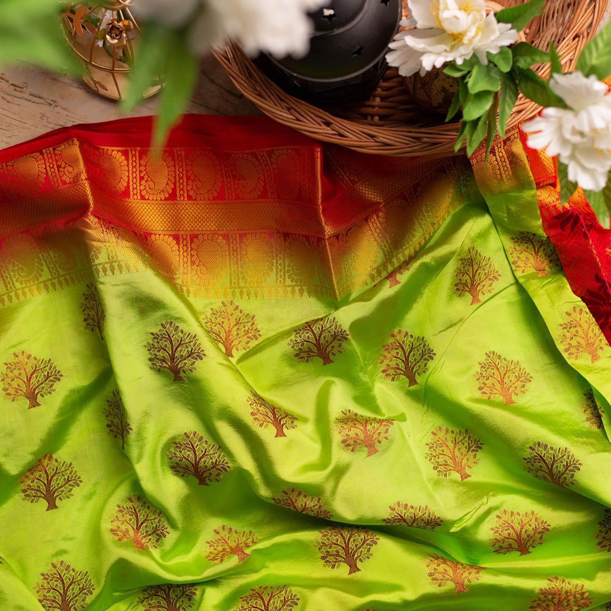 Entrancing Green Colored Festive Wear Woven Art Silk Saree - Peachmode