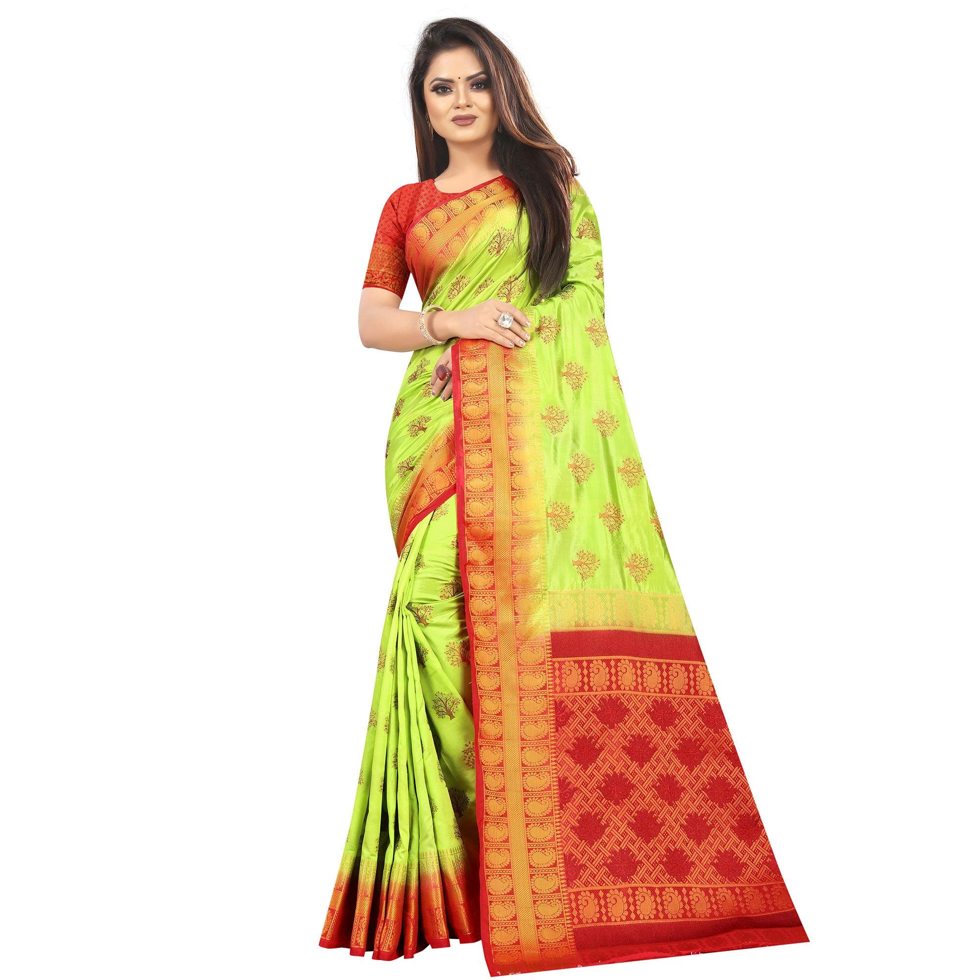 Entrancing Green Colored Festive Wear Woven Art Silk Saree - Peachmode