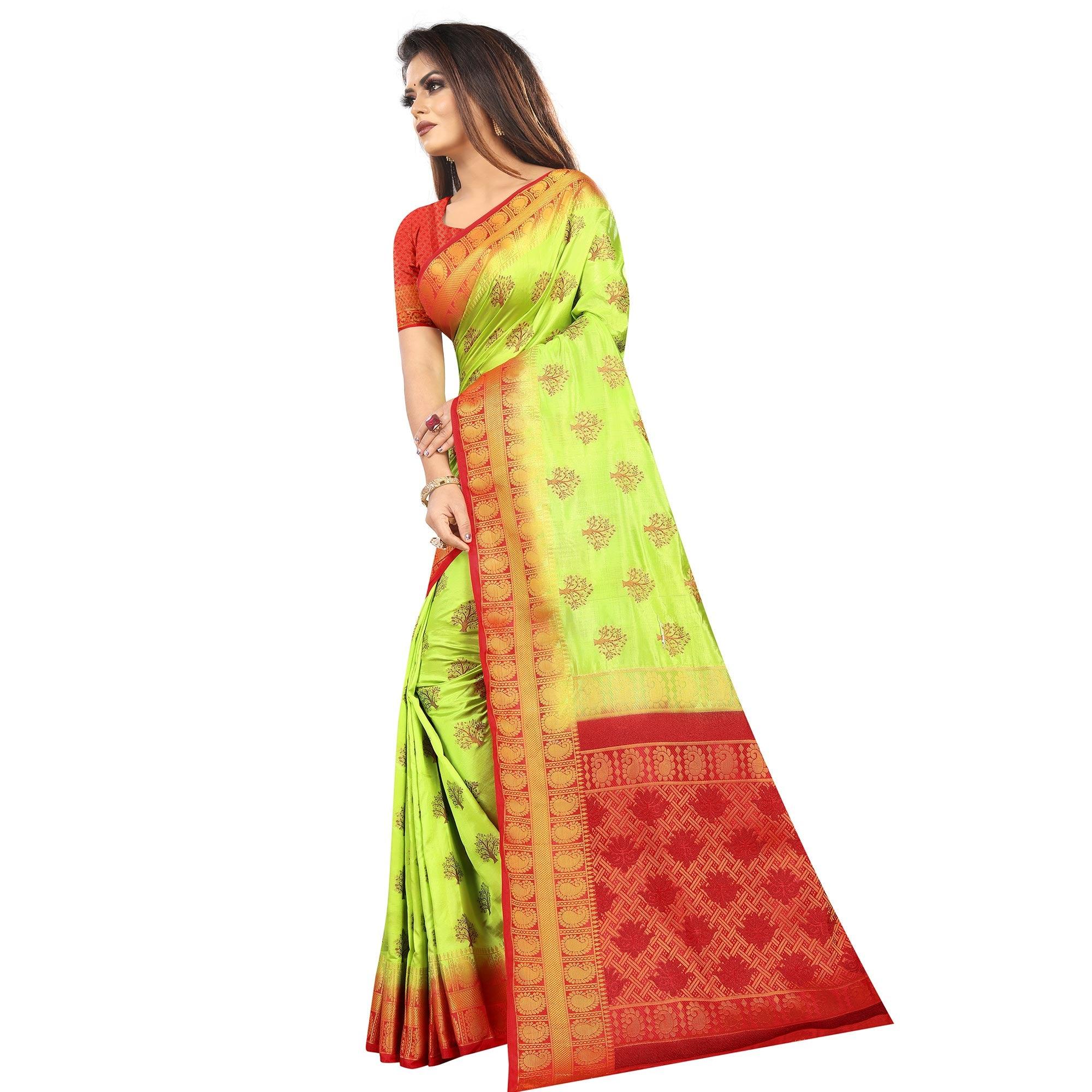 Entrancing Green Colored Festive Wear Woven Art Silk Saree - Peachmode