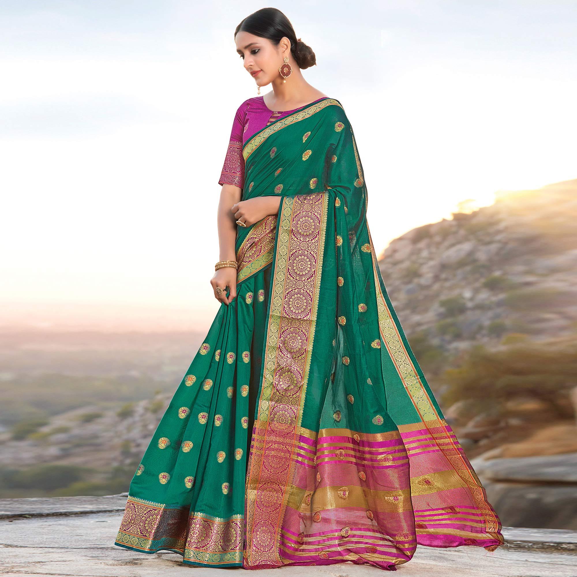 Entrancing Green Colored Festive Wear Woven Cotton Handloom Saree - Peachmode