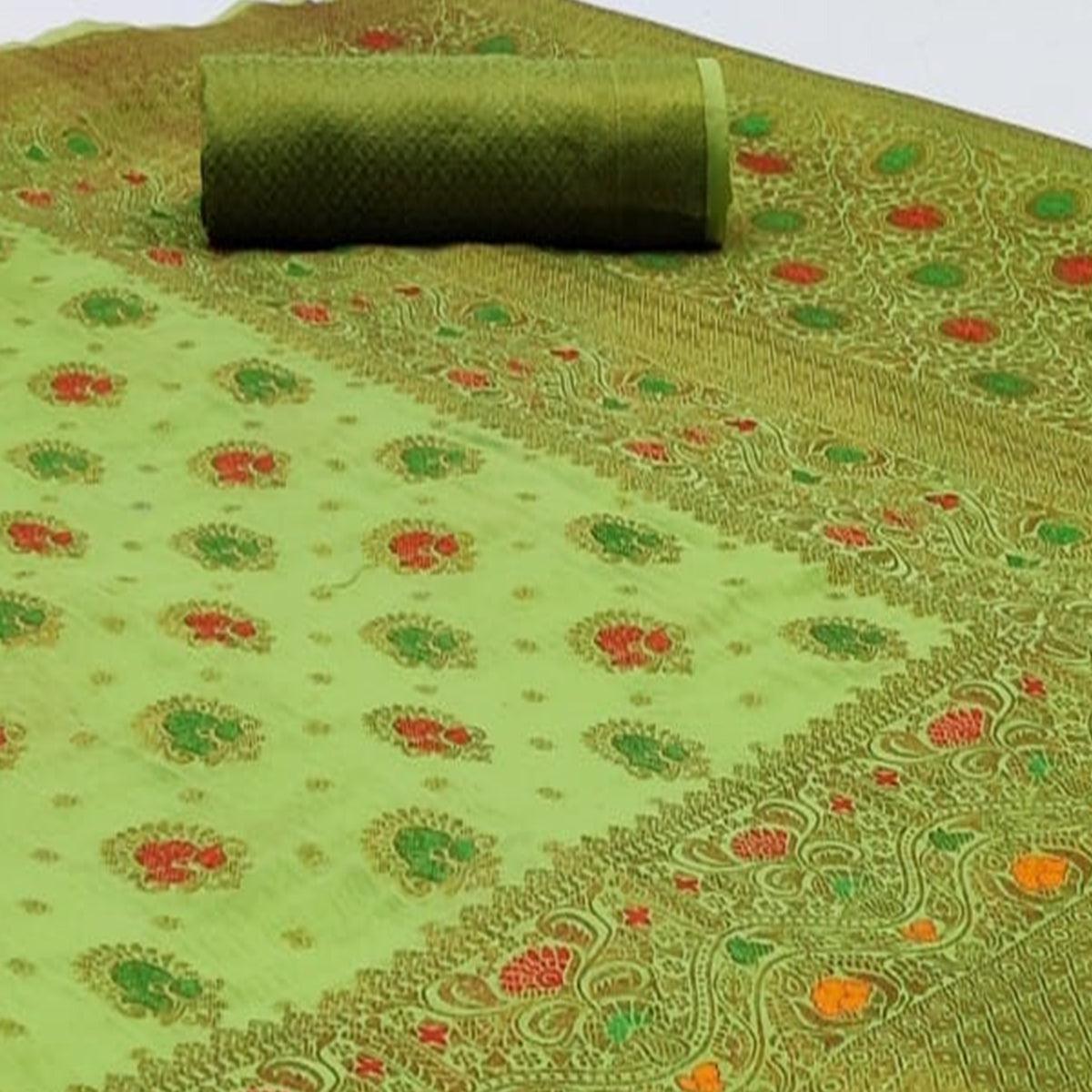 Entrancing Green Colored Festive Wear Woven Cotton Saree - Peachmode
