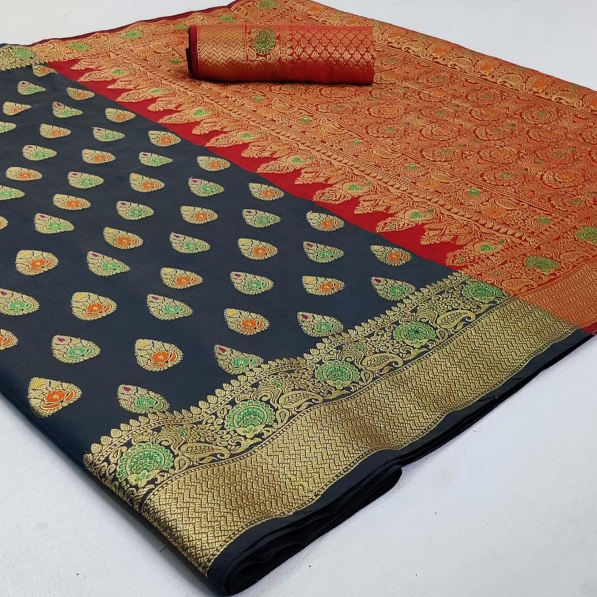 Entrancing Grey Colored Festive Wear Woven Silk Saree - Peachmode
