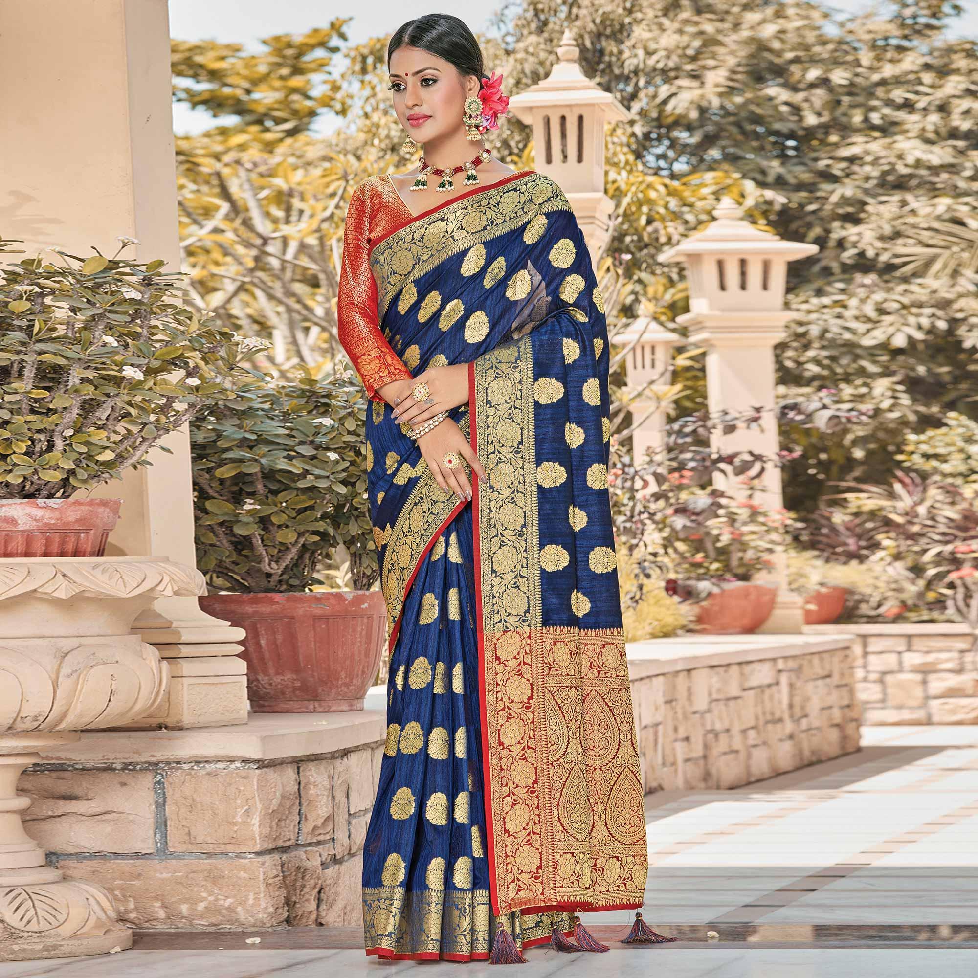 Entrancing Navy Blue Colored Festive Wear Woven Silk Saree - Peachmode