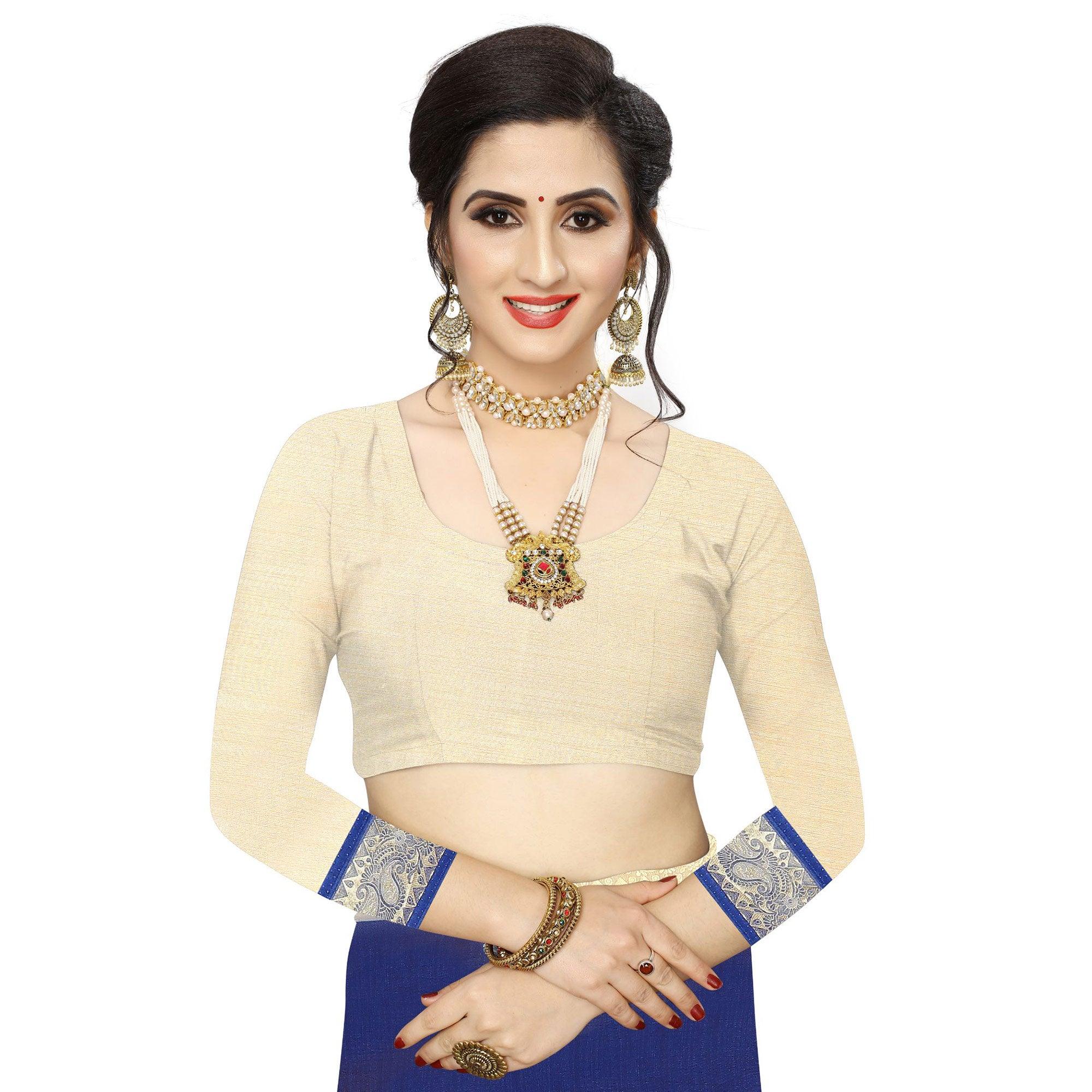 Entrancing Navy Blue Colored Festive Wear Woven Vichitra Silk Saree - Peachmode