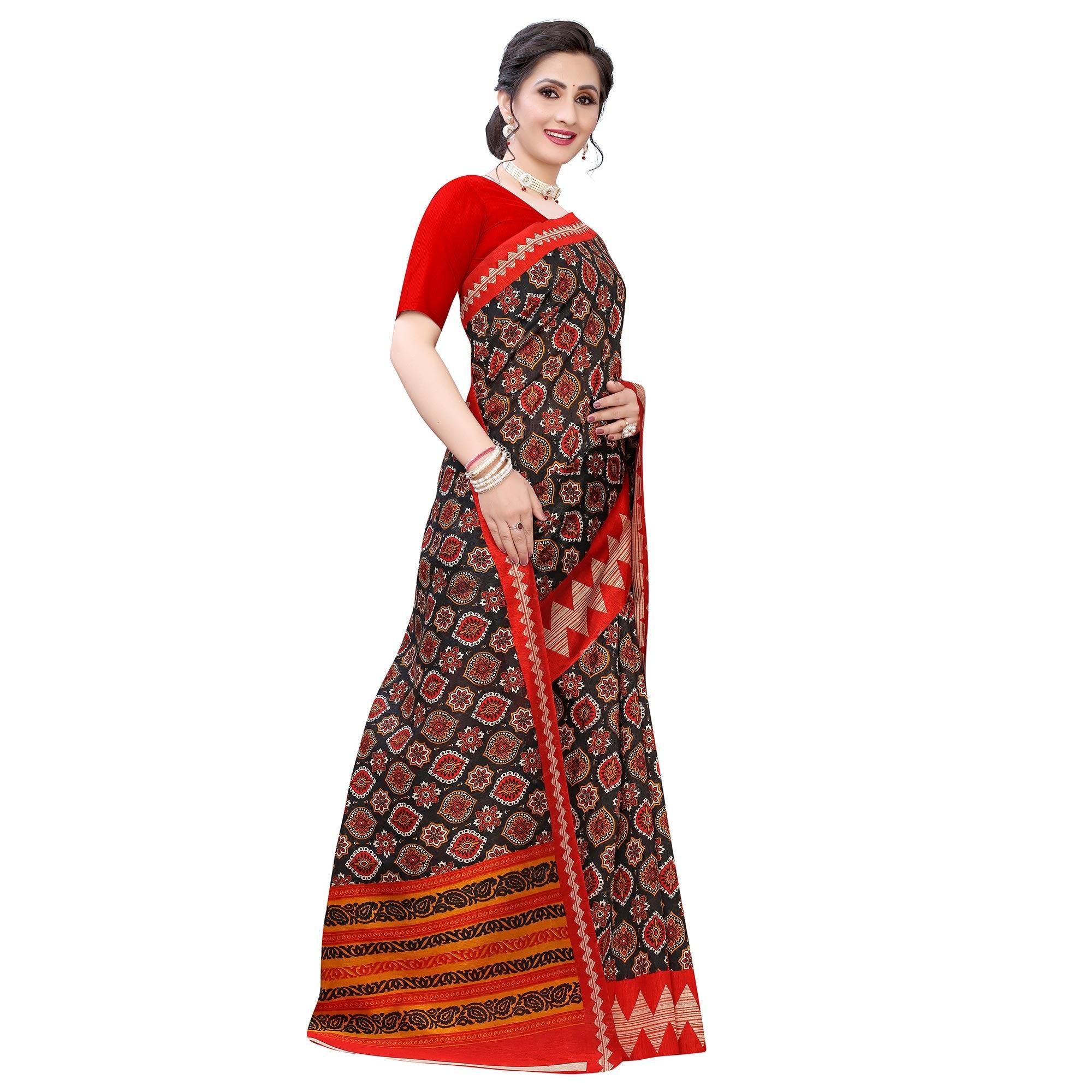 Entrancing Navy Blue - Peach Colored Casual Wear Printed Art Silk Saree - Peachmode