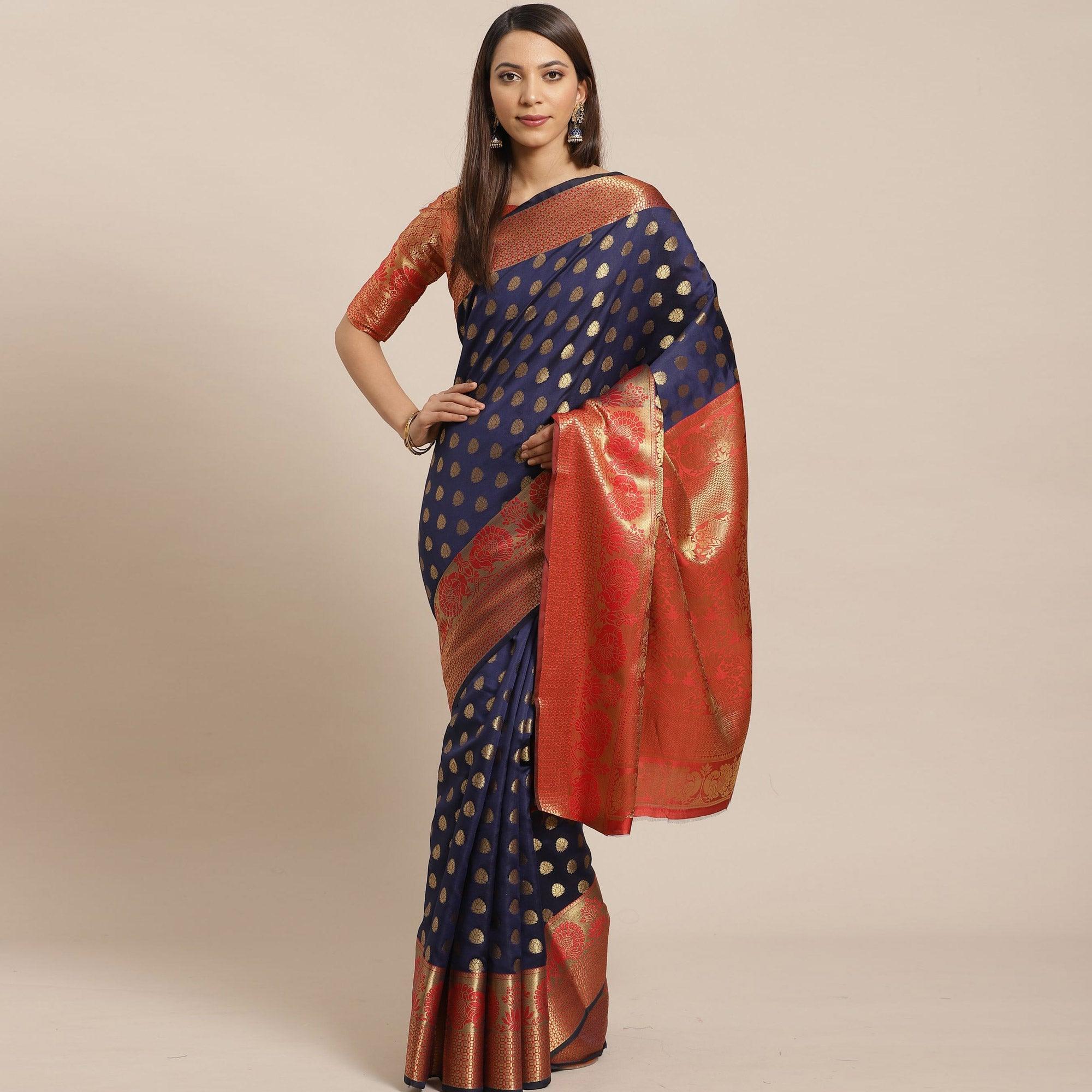Entrancing Navy Blue - Red Colored Festive Wear Woven Silk Blend Saree - Peachmode