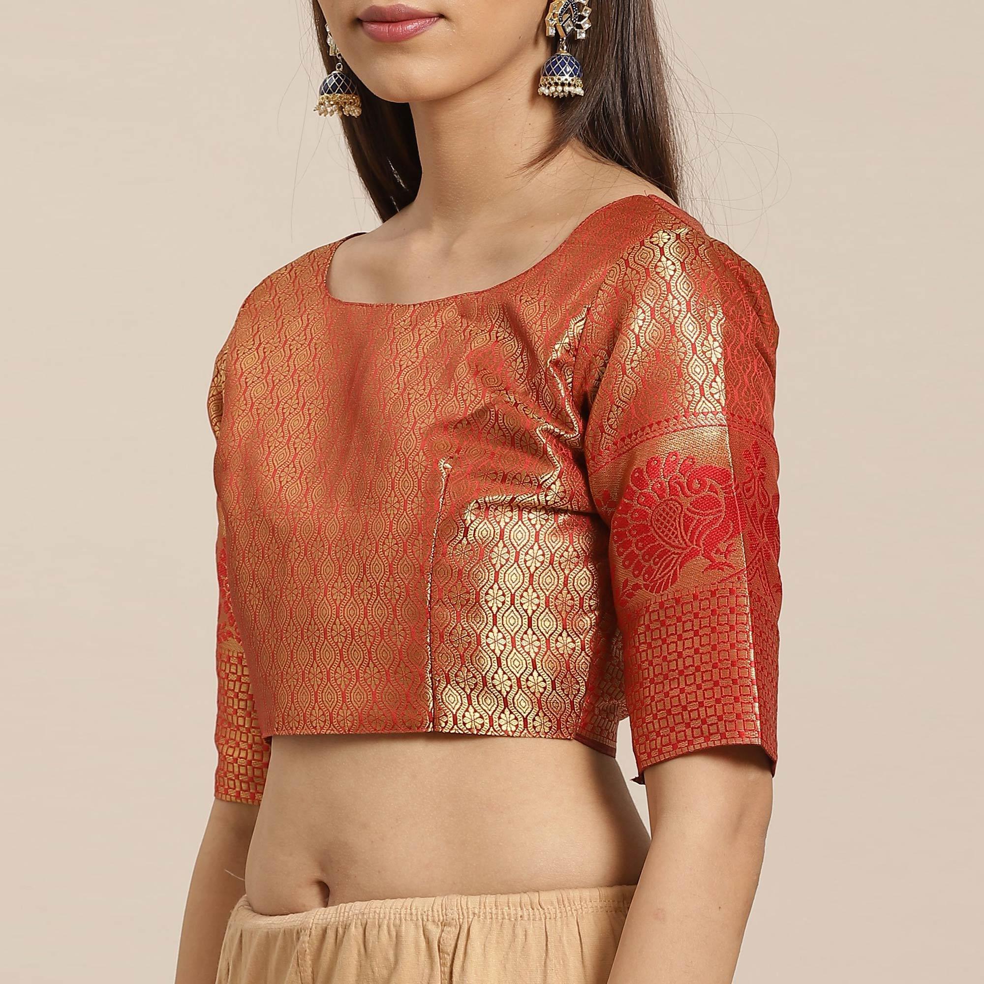 Entrancing Navy Blue - Red Colored Festive Wear Woven Silk Blend Saree - Peachmode