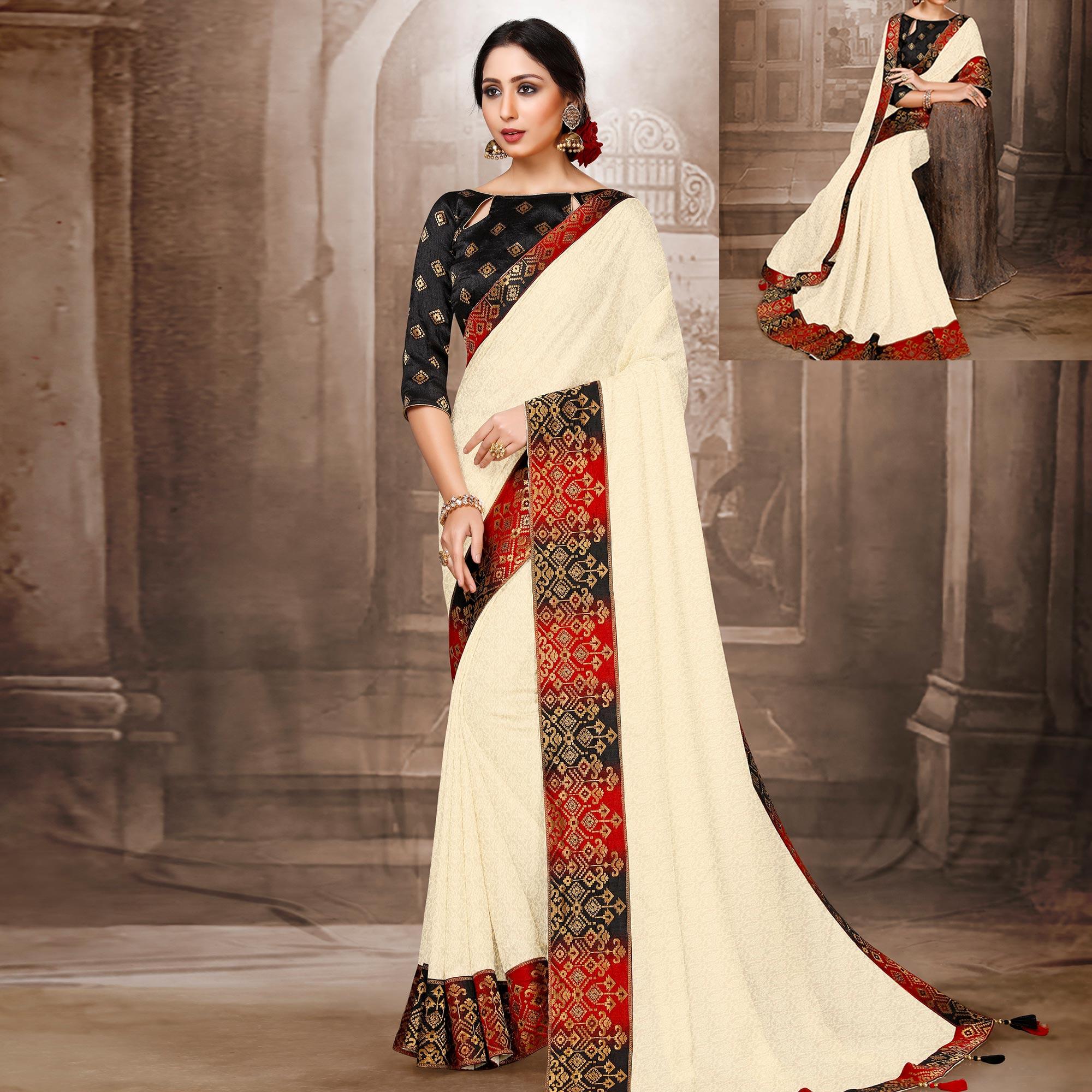 Entrancing Offwhite Colored Festive Wear Woven Silk Saree - Peachmode