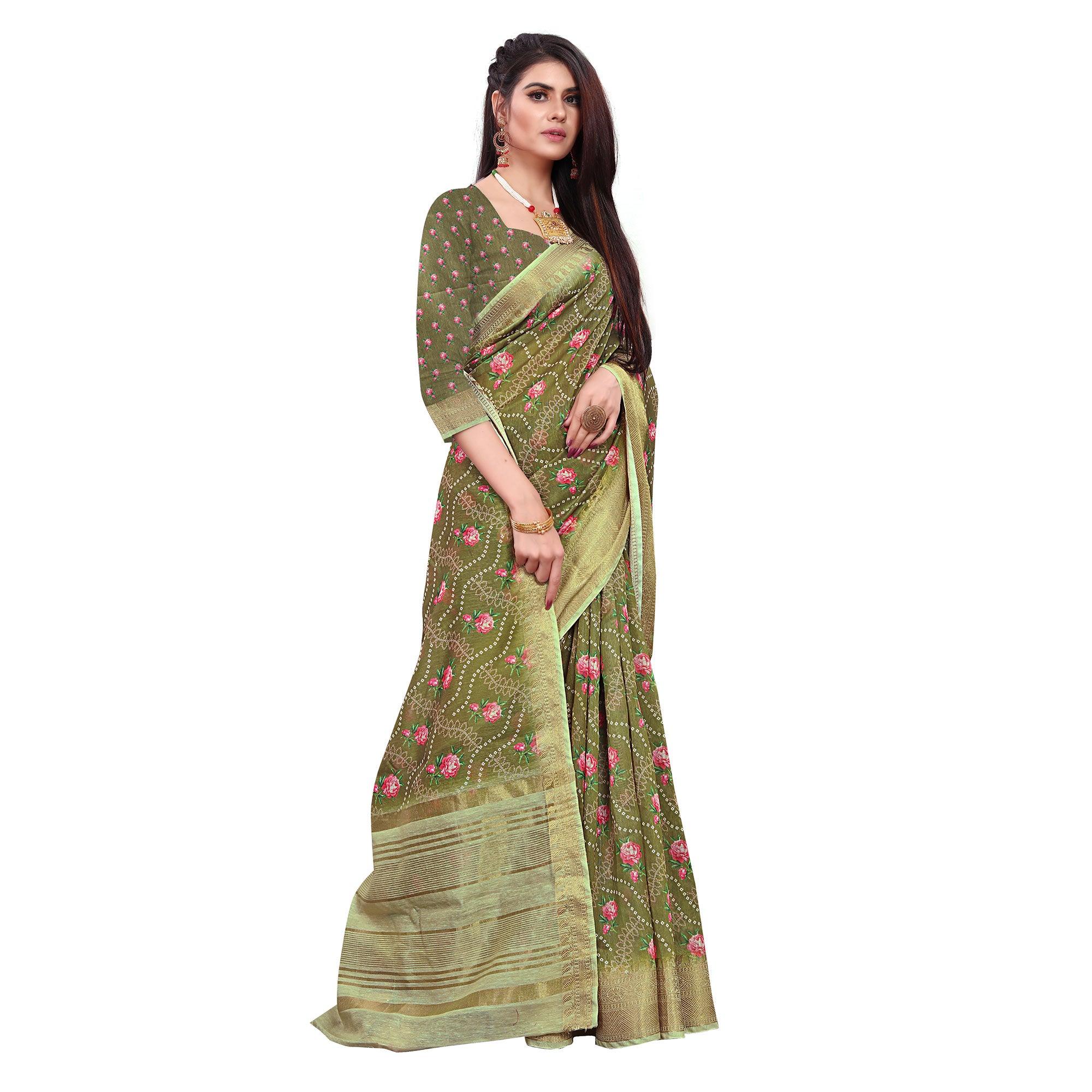 Entrancing Olive Green Colored Festive Wear Woven Banarasi Silk Saree - Peachmode