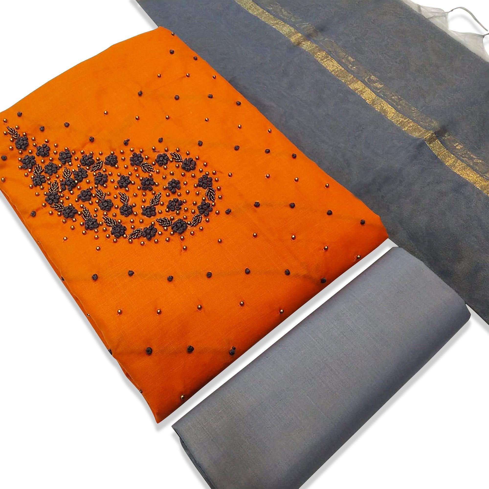 Entrancing Orange Colored Casual Wear Embroidered Modal Dress Material - Peachmode