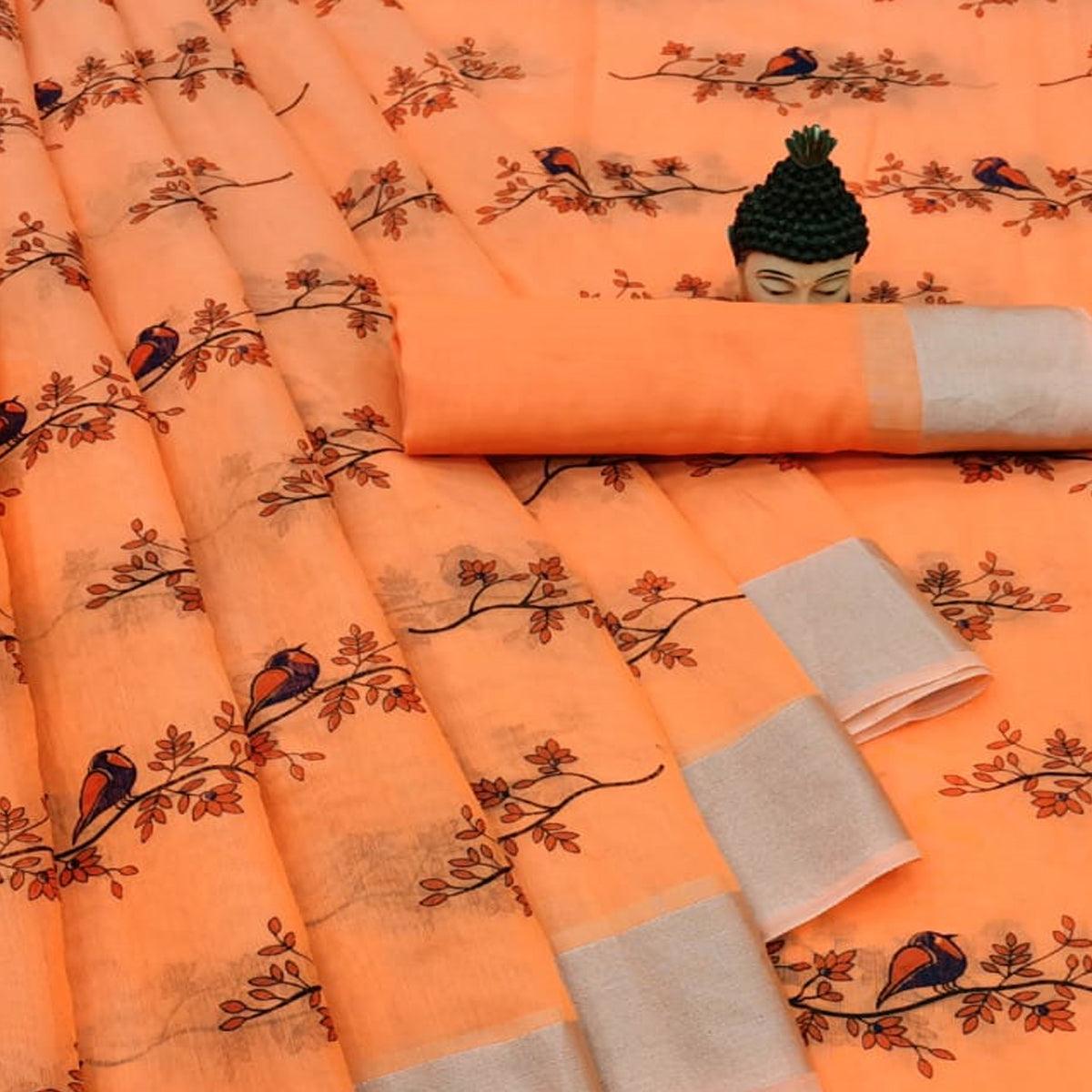 Entrancing Orange Colored Casual Wear Printed Cotton Linen Saree - Peachmode